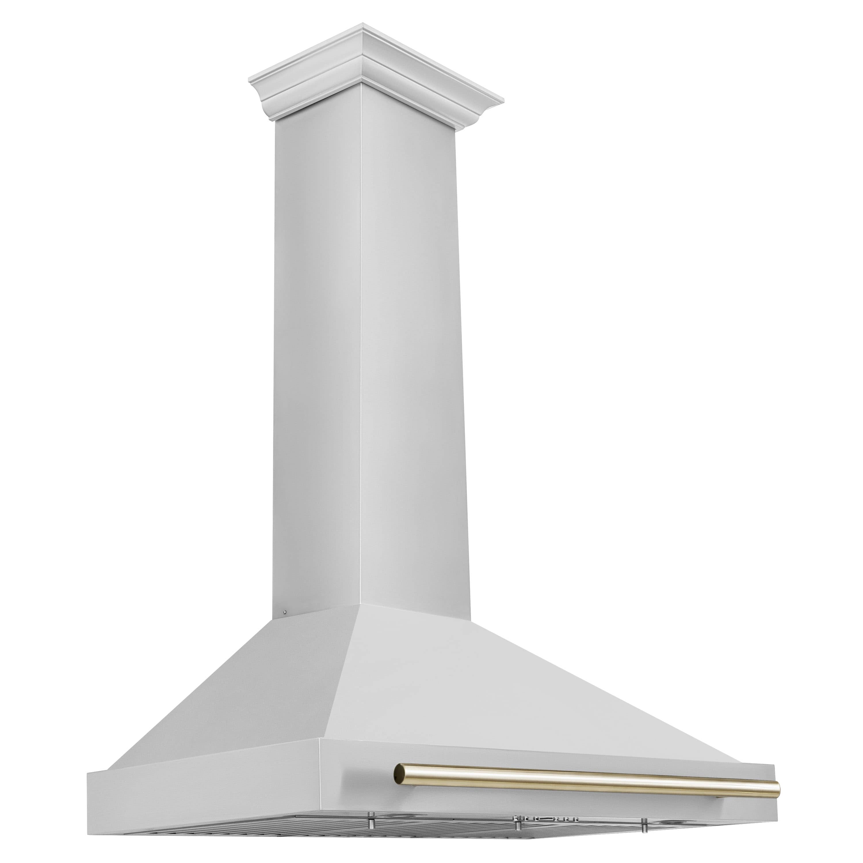 Wall-mount range hood with white chimney and gold trim along the front edge