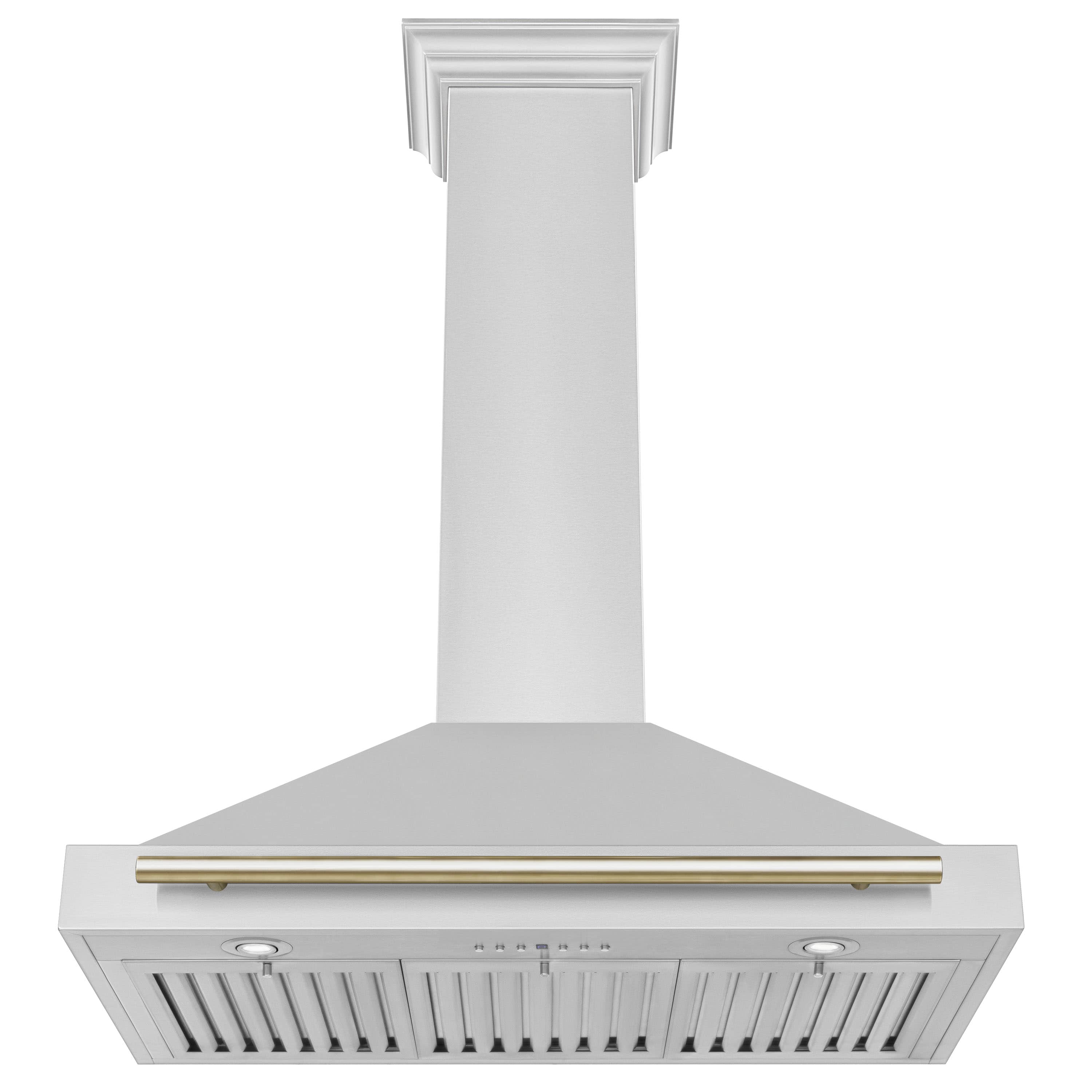 Wall-mount range hood with white chimney, gold trim, and vented grille underside