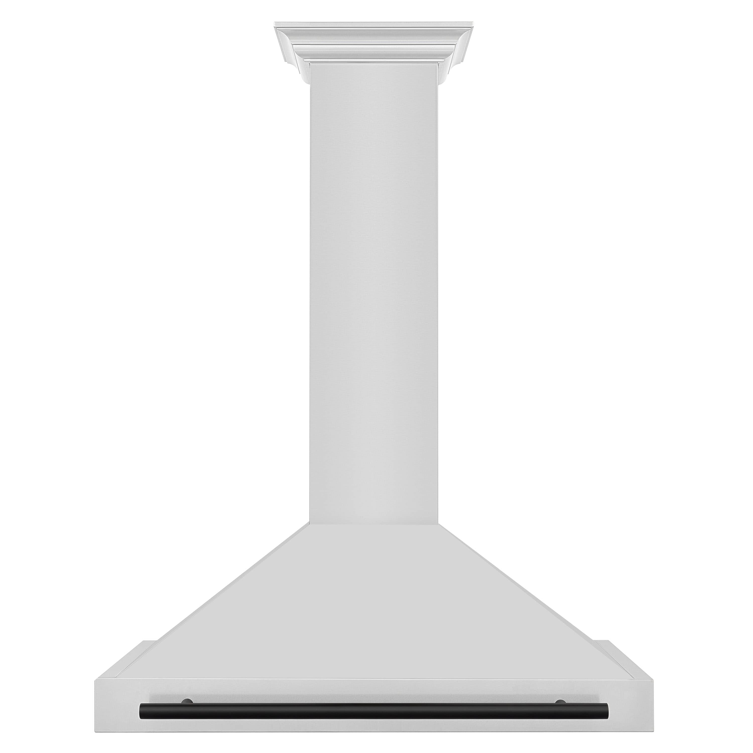 Wall-mount range hood front with matte black vent bar and white canopy.
