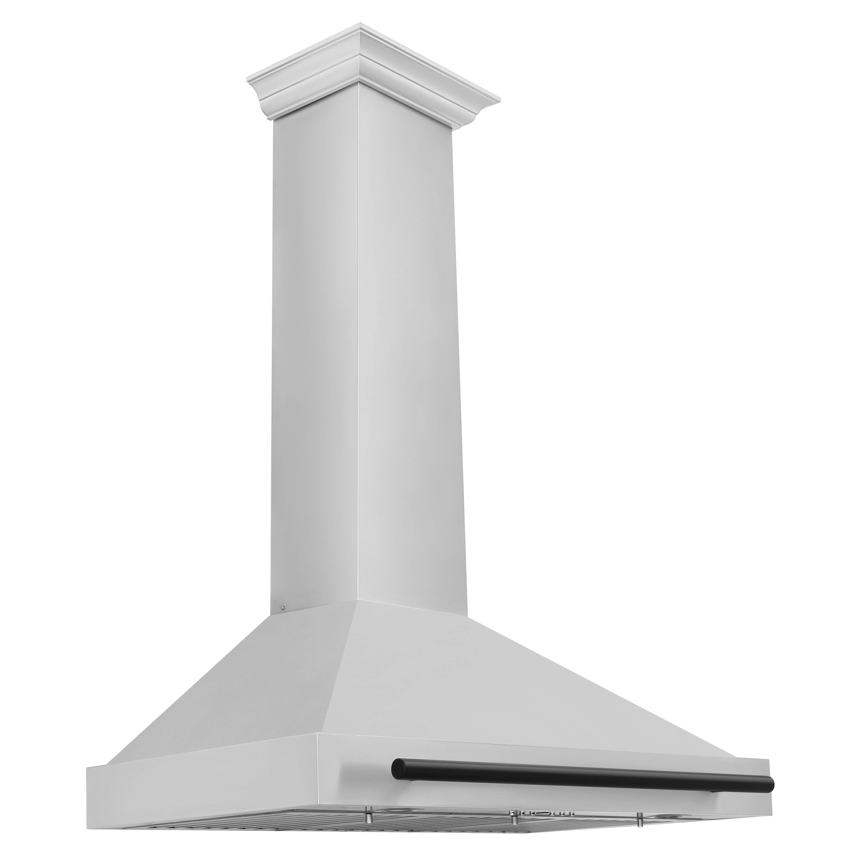 White wall range hood with tall chimney and matte black horizontal vent bar