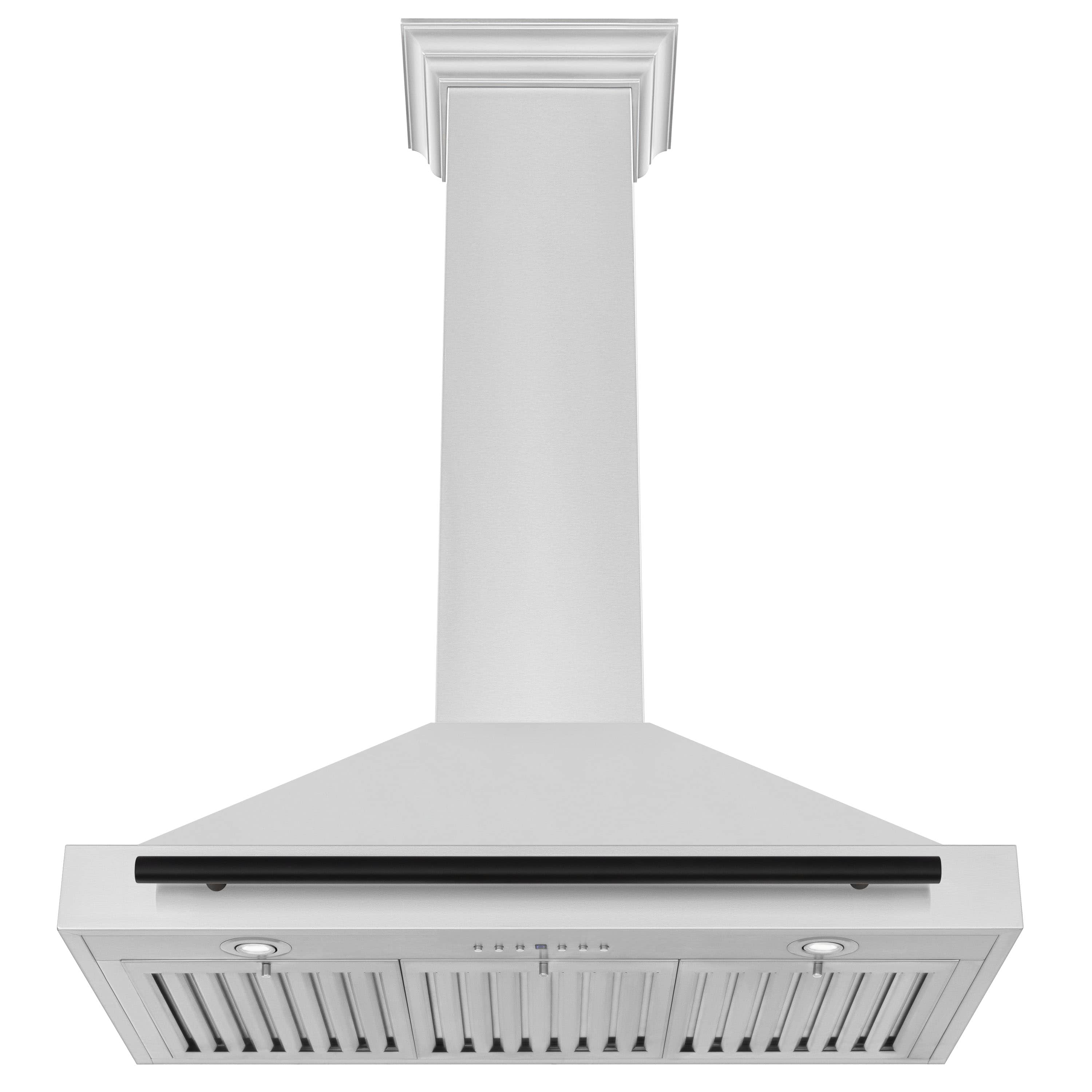 White chimney-style wall range hood with black vent bar and pull-down filter