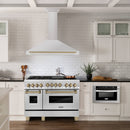 ZLINE 5-Piece Appliance Package - 48-Inch Paramount Autograph Gas Range, Wall Mount Range Hood, 36-Inch French Door Refrigerator, Dishwasher, and 30-Inch Microwave Drawer in Stainless Steel with Champagne Bronze Accents