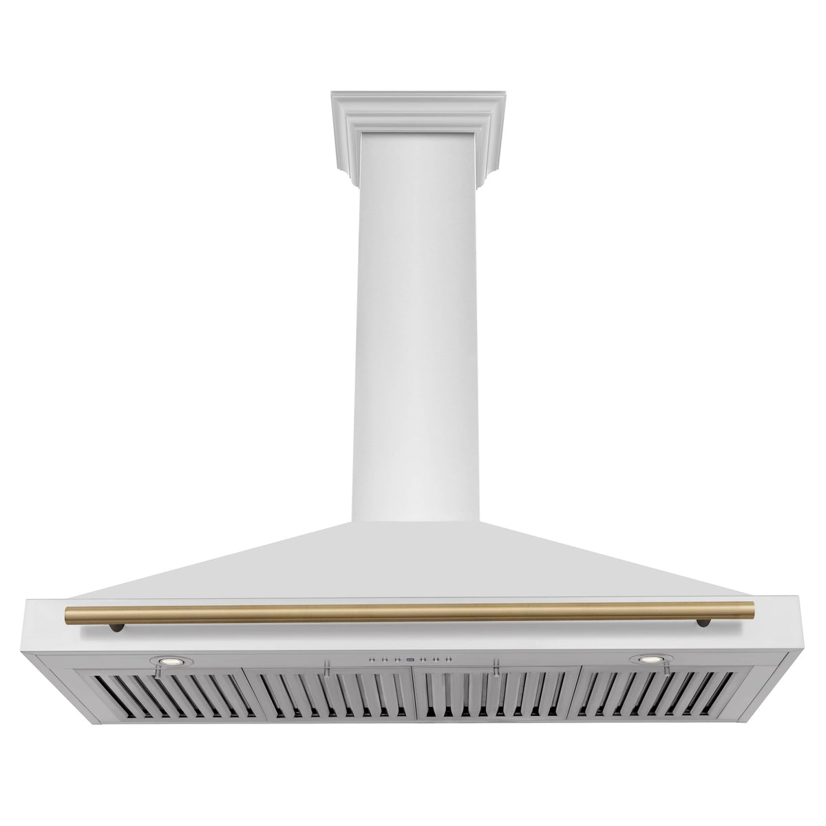 White chimney range hood with champagne bronze-trimmed canopy and chimney column