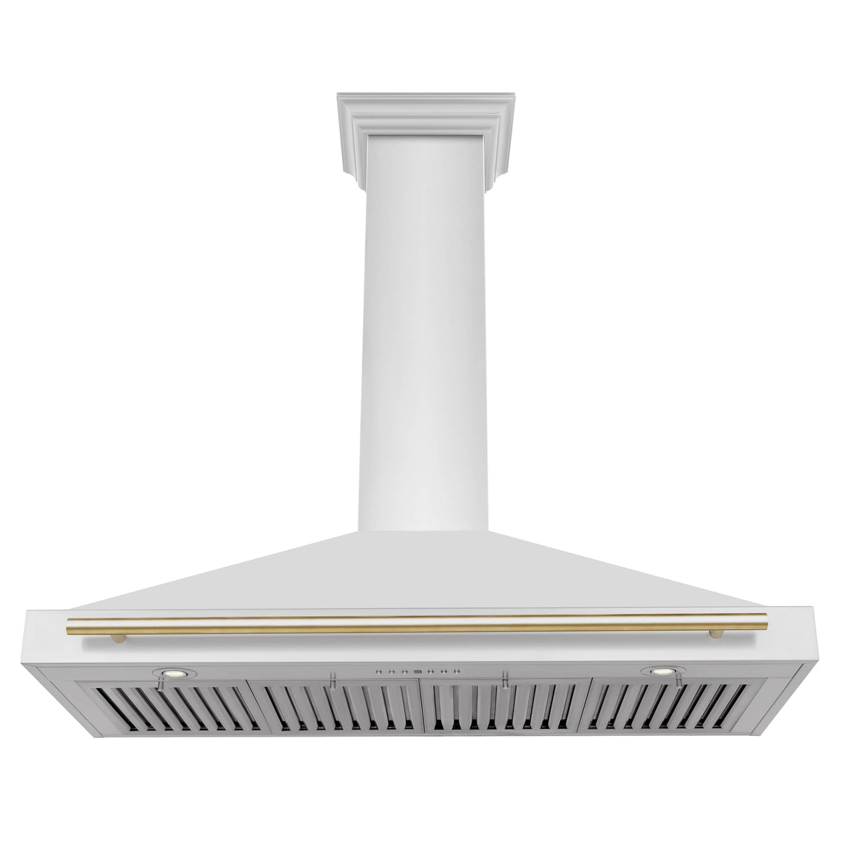 Stainless steel range hood with gold accent trim and vertical chimney