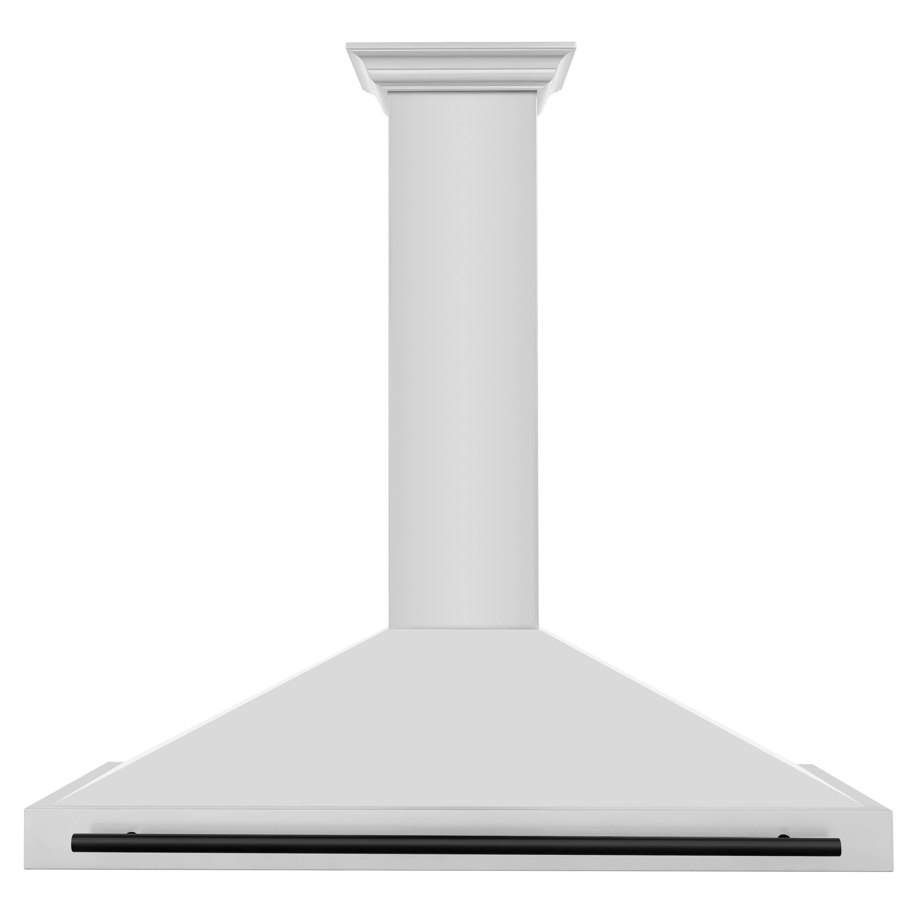 Stainless steel wall-mount range hood with matte black front bar and side panels