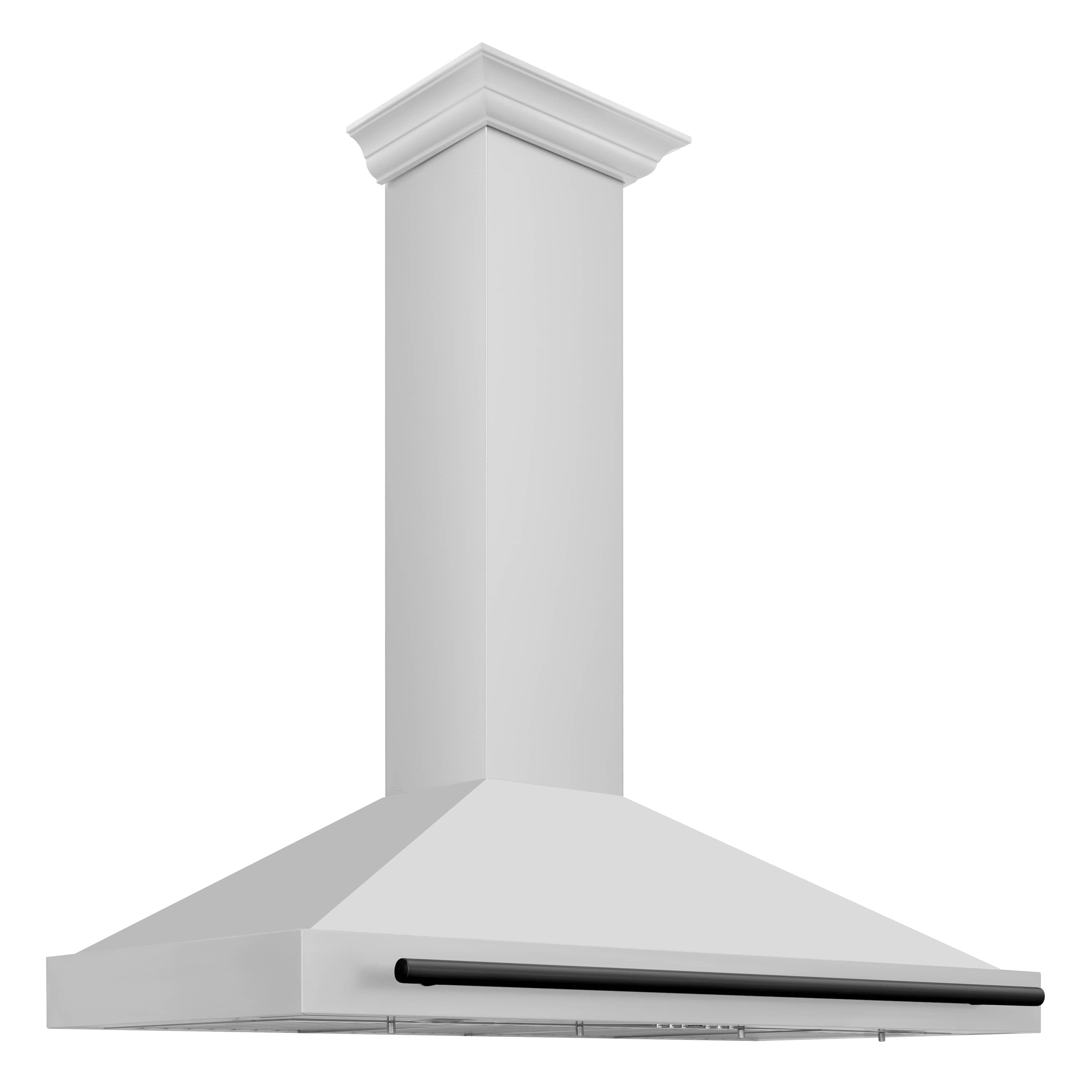 Wall mount range hood, white chimney and matte black vent hood