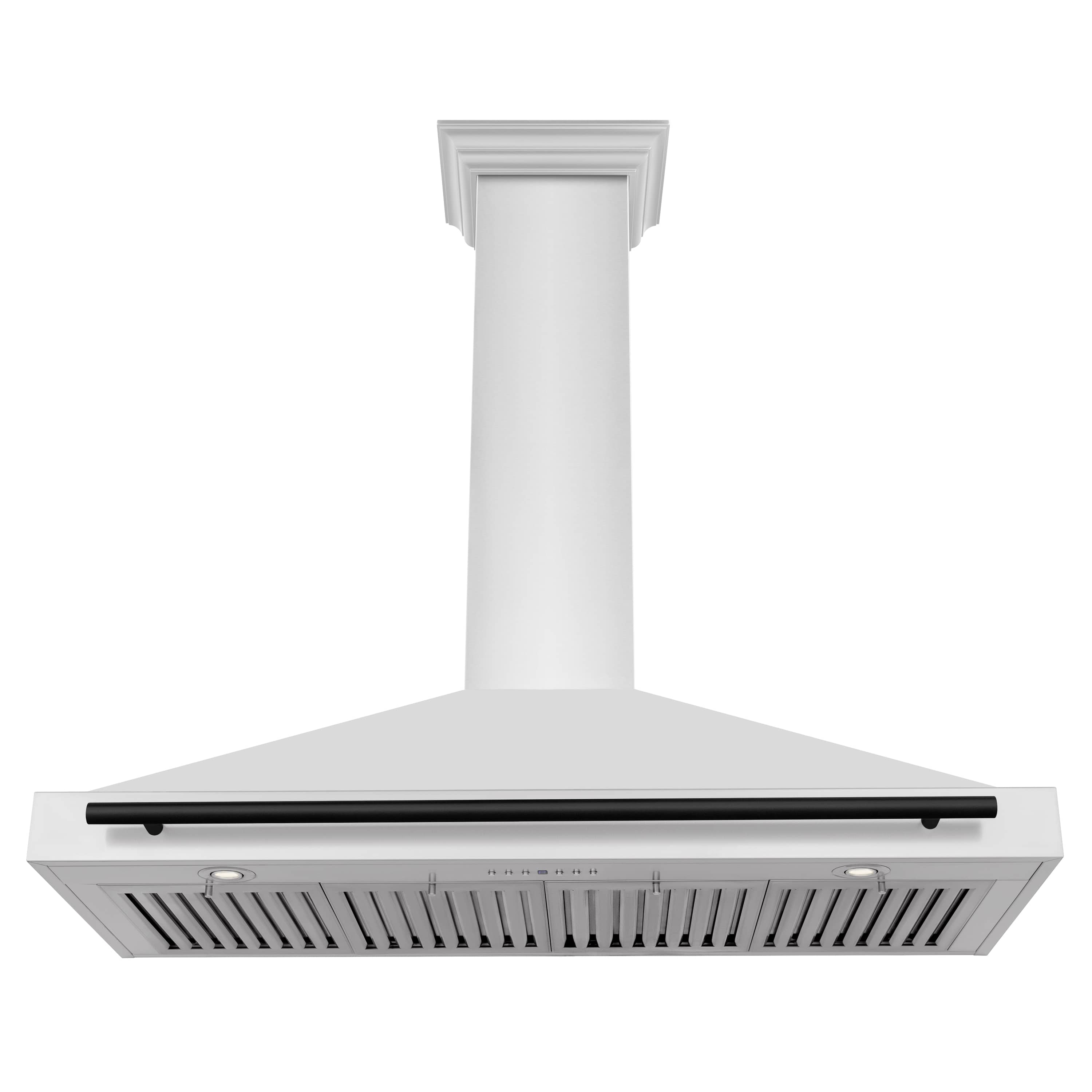 White wall-mount range hood with black front vent strip and stainless filter grille