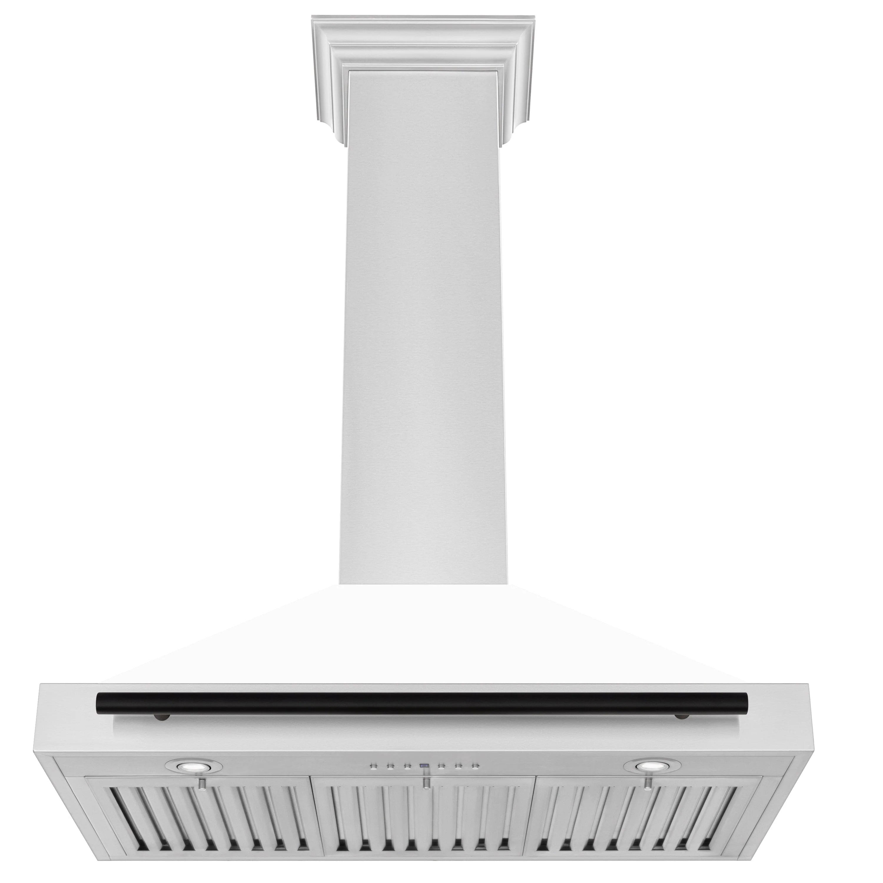 Wall-mounted range hood underside with white baffle panels and matte black trim bar