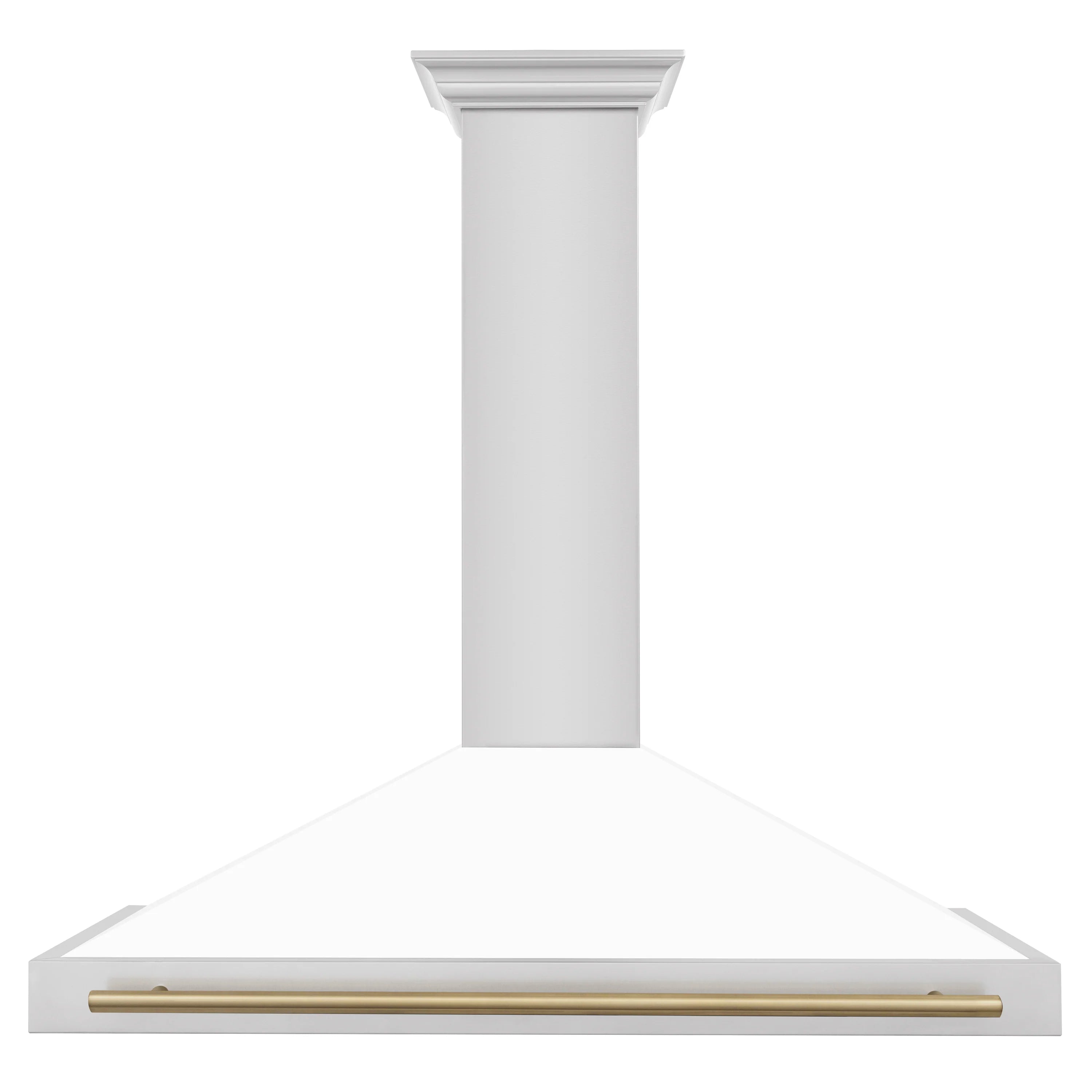 White wall-mounted range hood with bronze edge bar and decorative chimney column