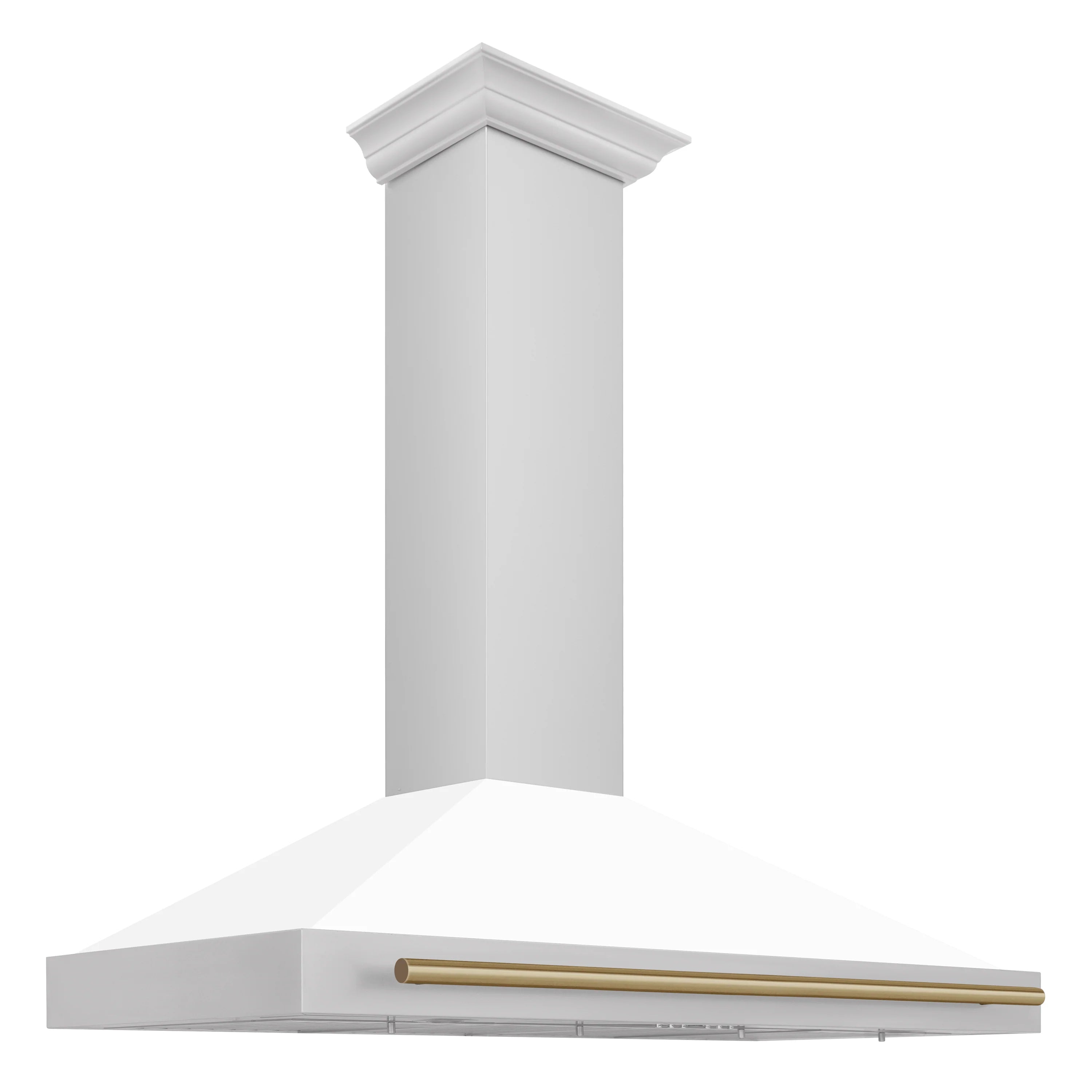 White wall-mounted range hood with bronze accent bar and tall chimney housing
