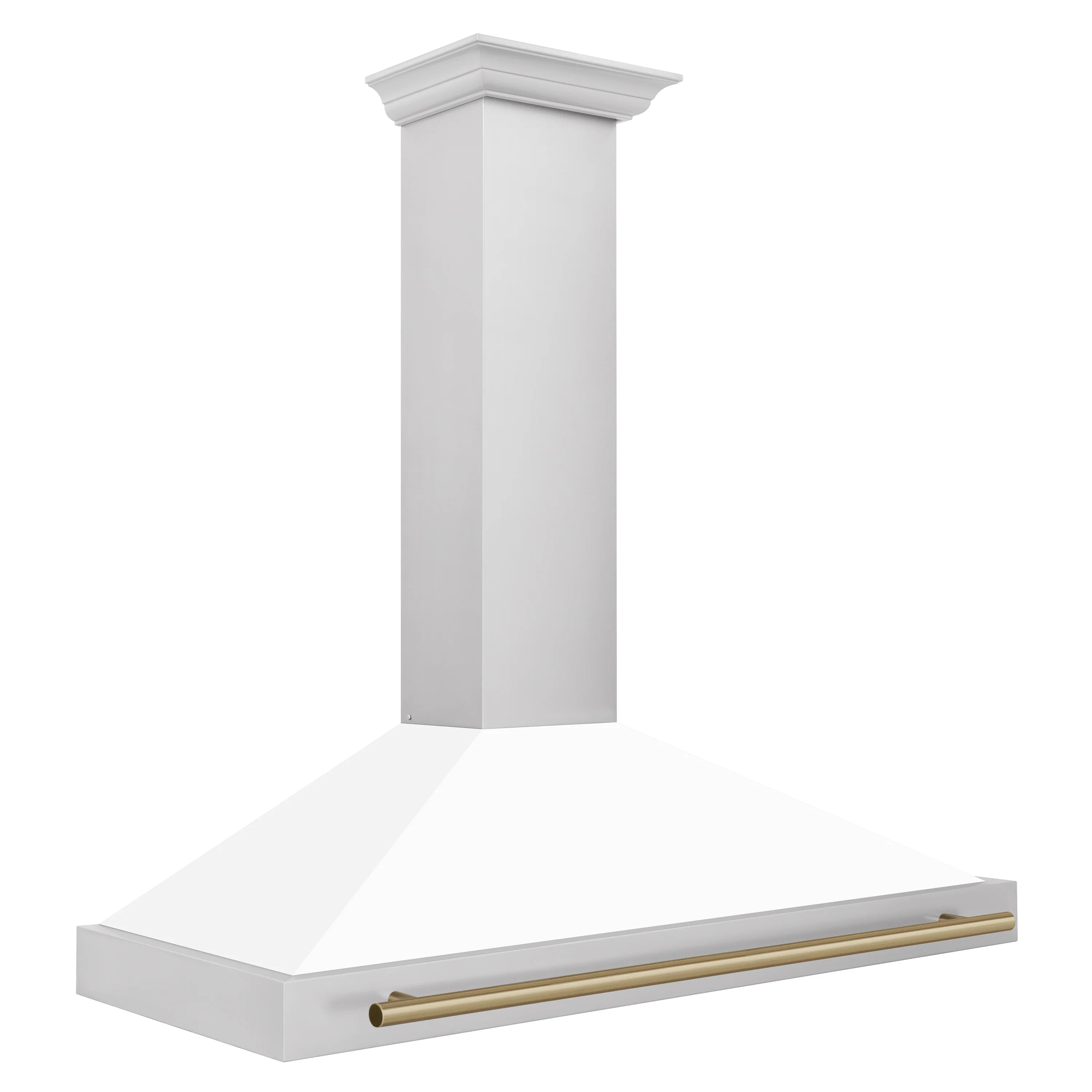 White wall-mounted range hood with bronze front bar and chimney column, side view