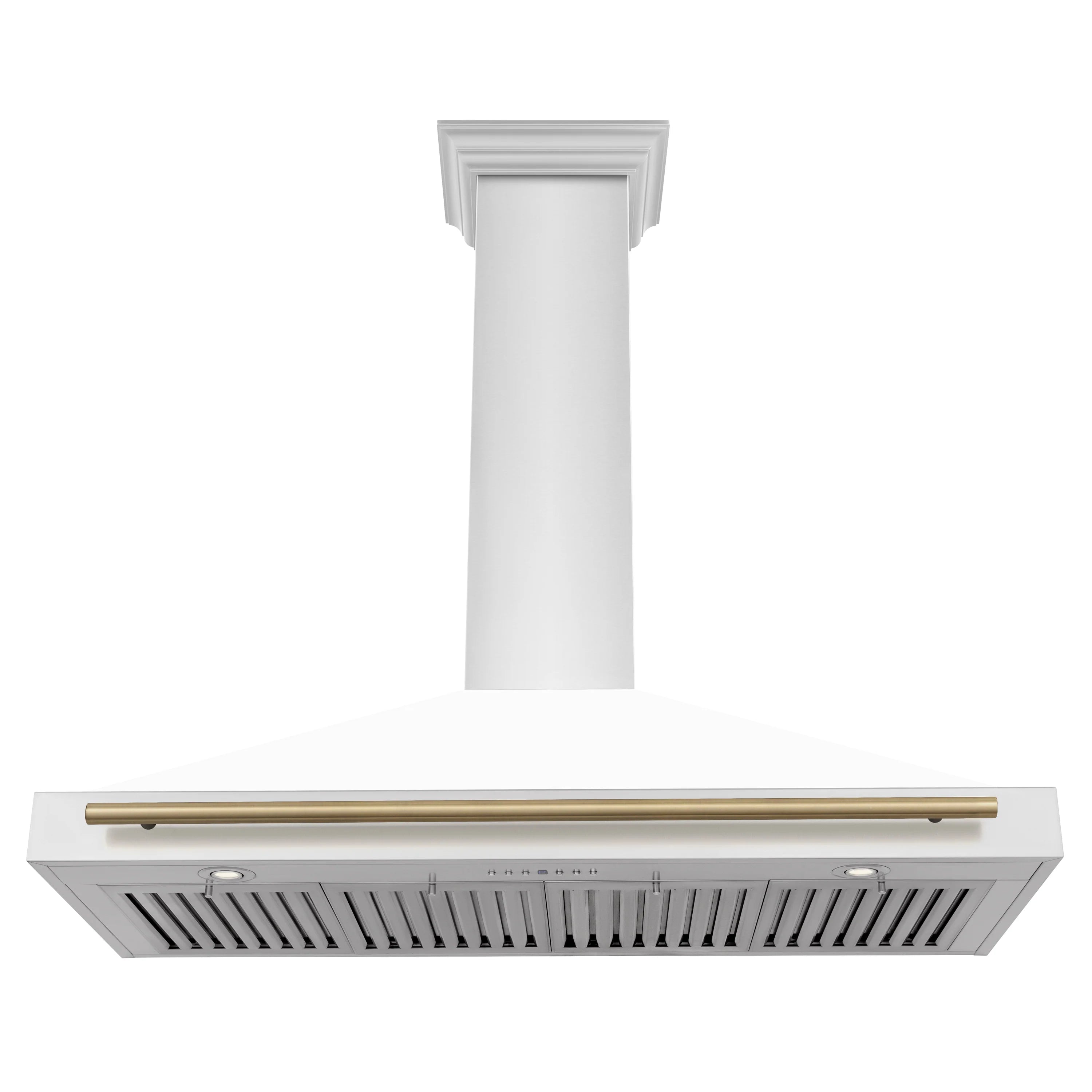 White matte wall-mounted range hood with bronze accent vent bar and chimney column