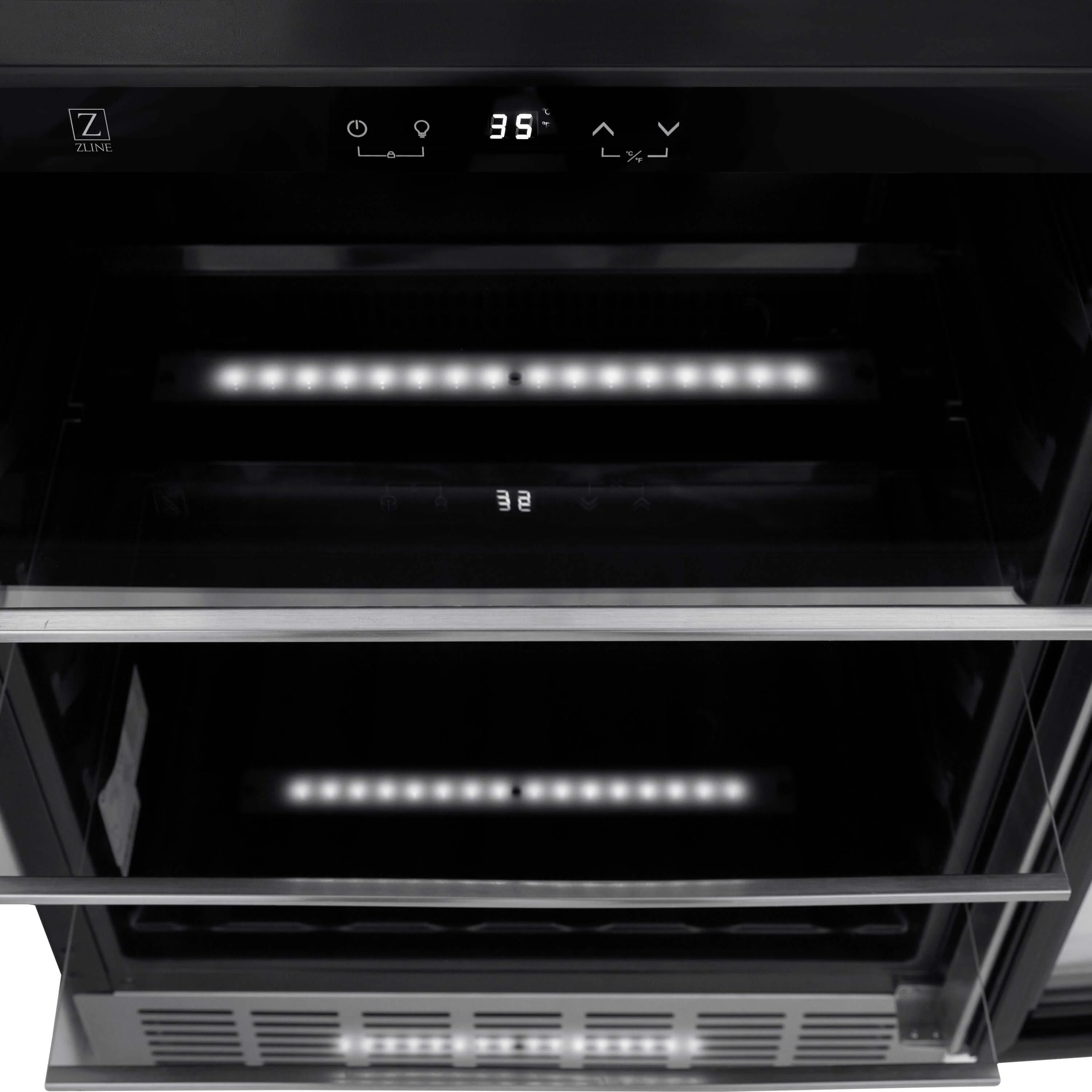 Open stainless steel beverage fridge with interior lighting and wire shelves