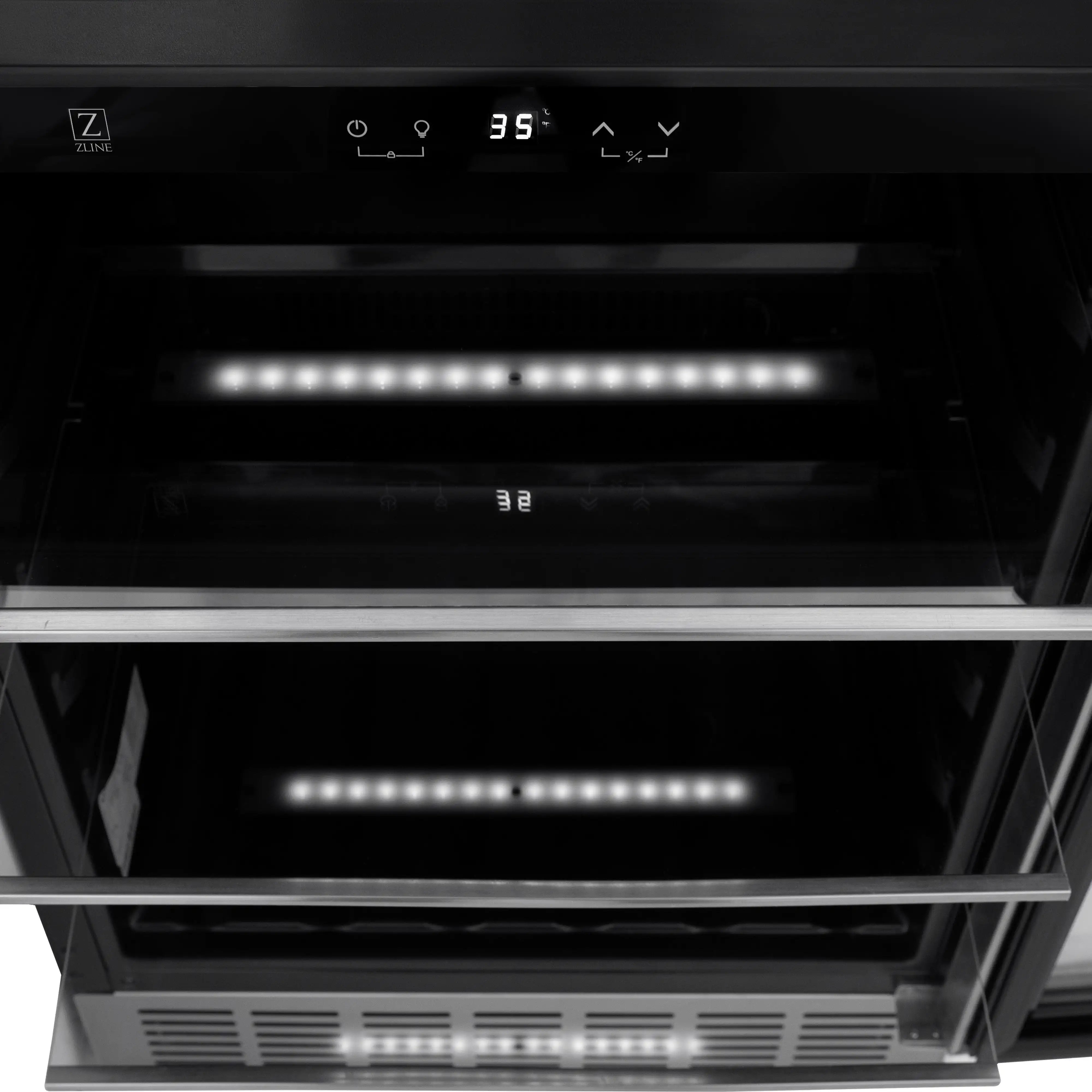 Open beverage fridge interior with bright shelf lighting and bottom vent panel