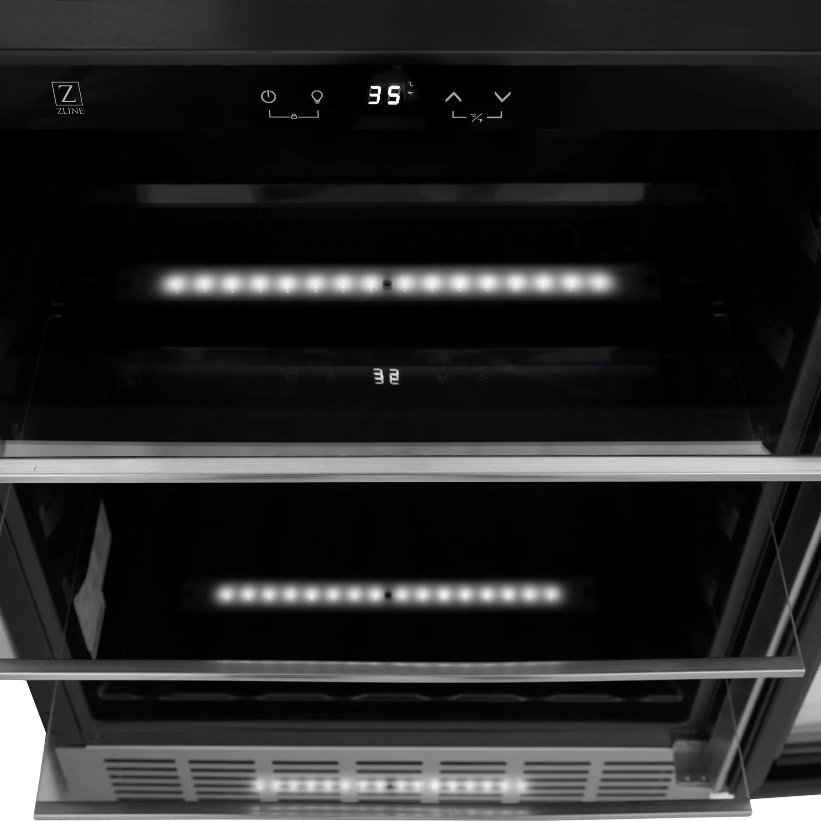 Wine cooler interior with LED lighting and multiple adjustable racks