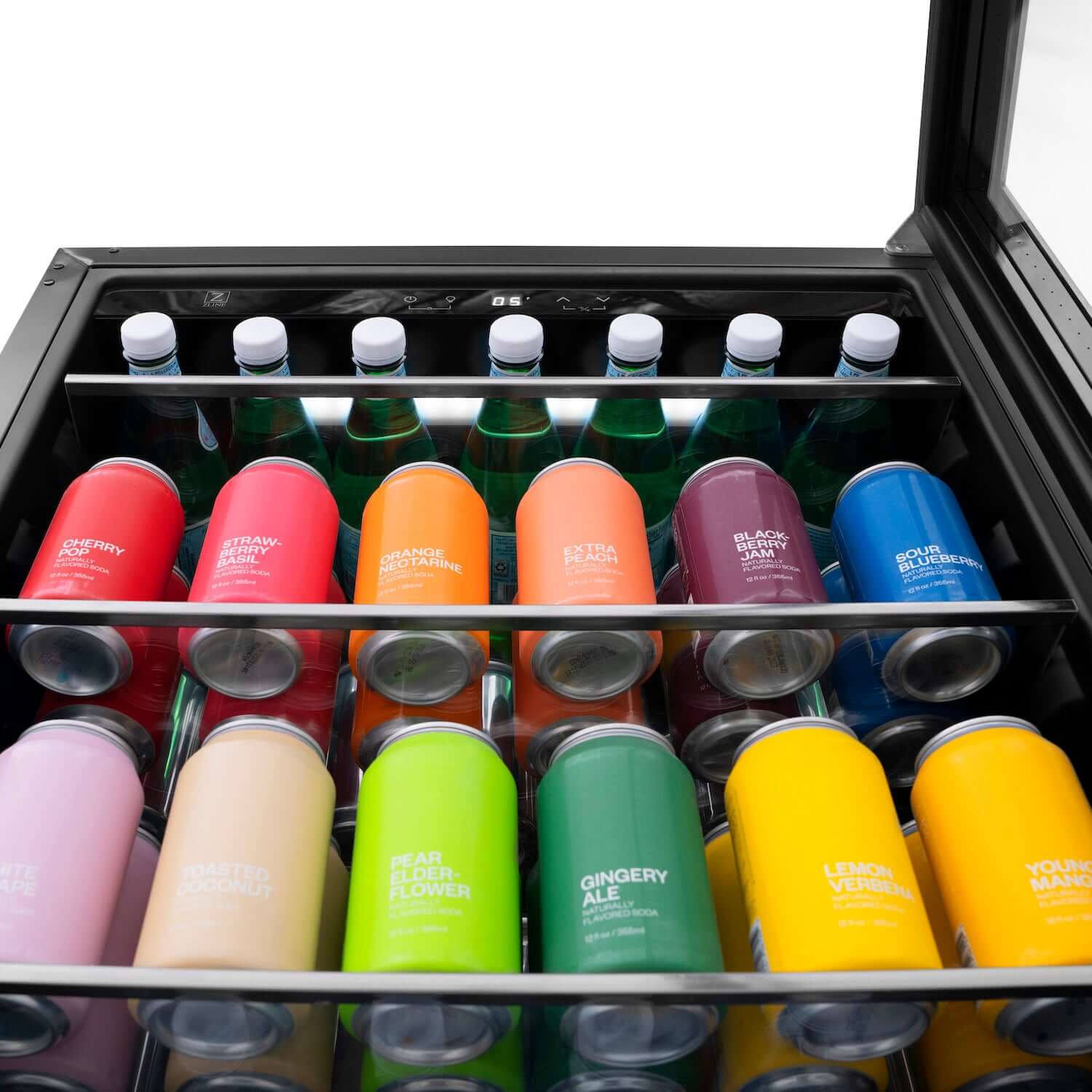 Stainless steel beverage fridge with assorted bottled drinks on glass shelves