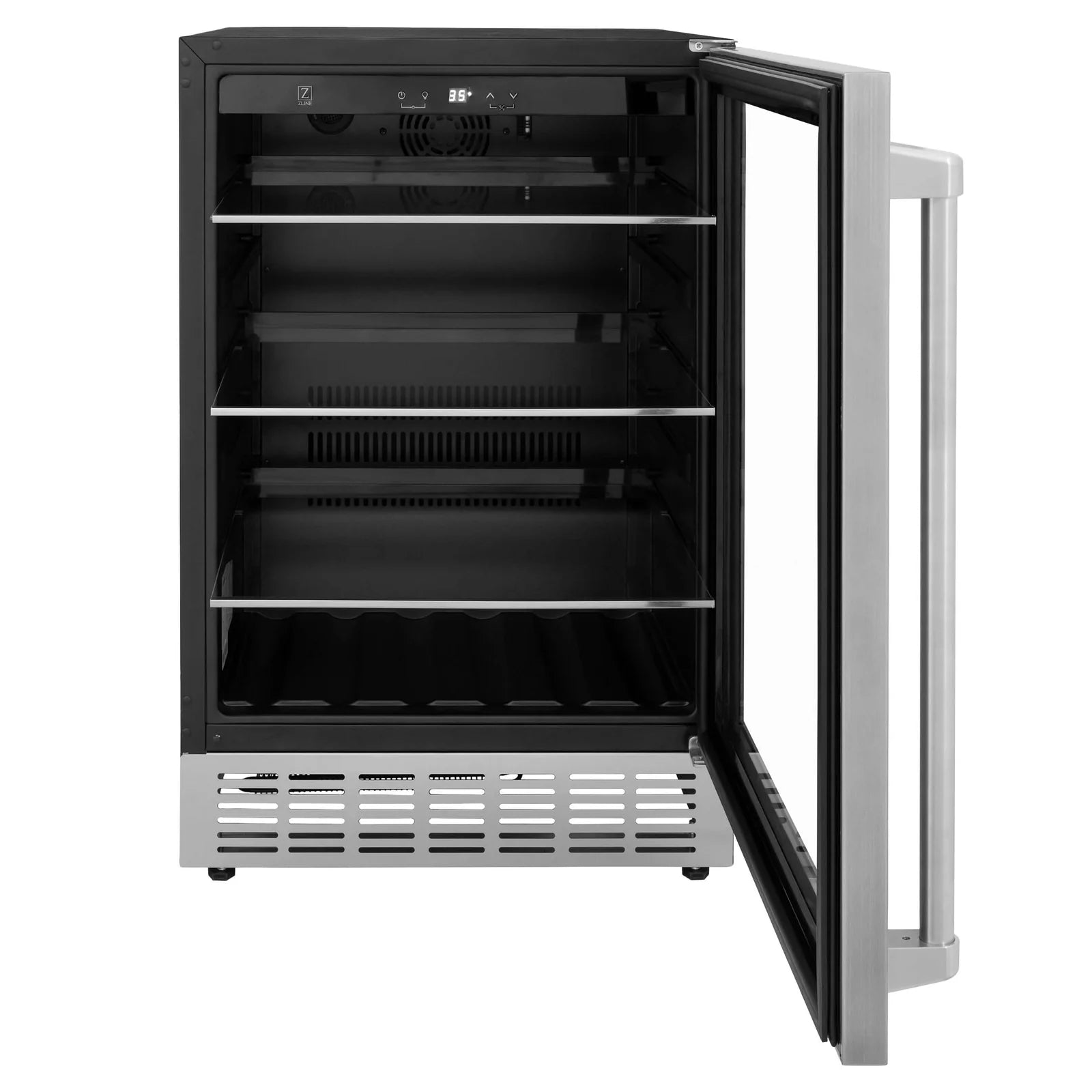 Beverage fridge with open door, black interior shelves and front grille