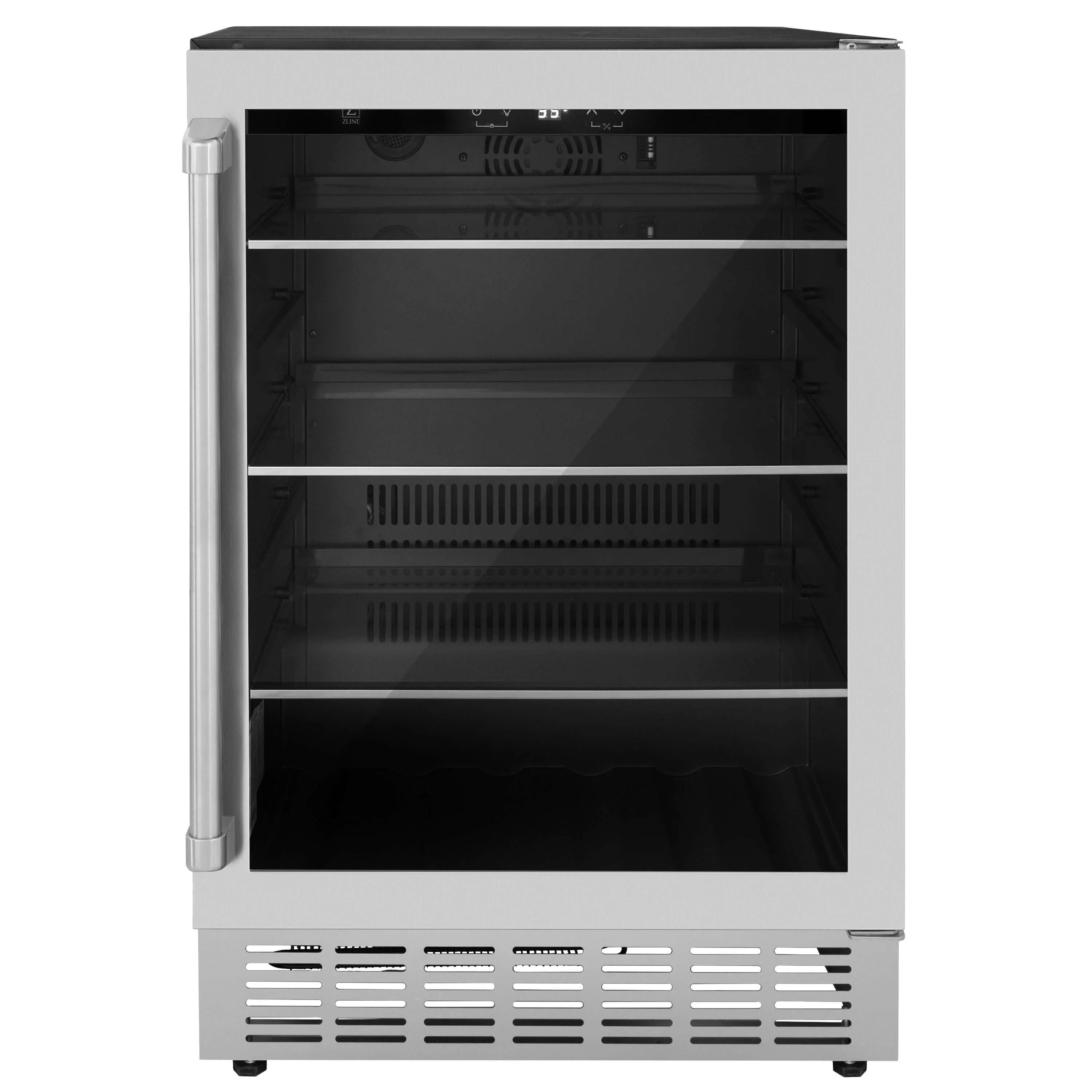 Freestanding stainless steel beverage refrigerator with vented grille at the bottom