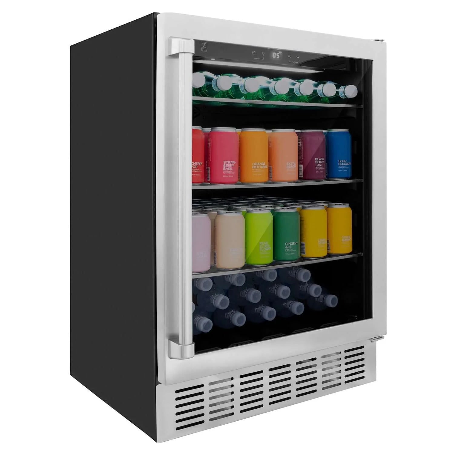 Stainless steel beverage fridge with open door, interior shelves holding colorful cans