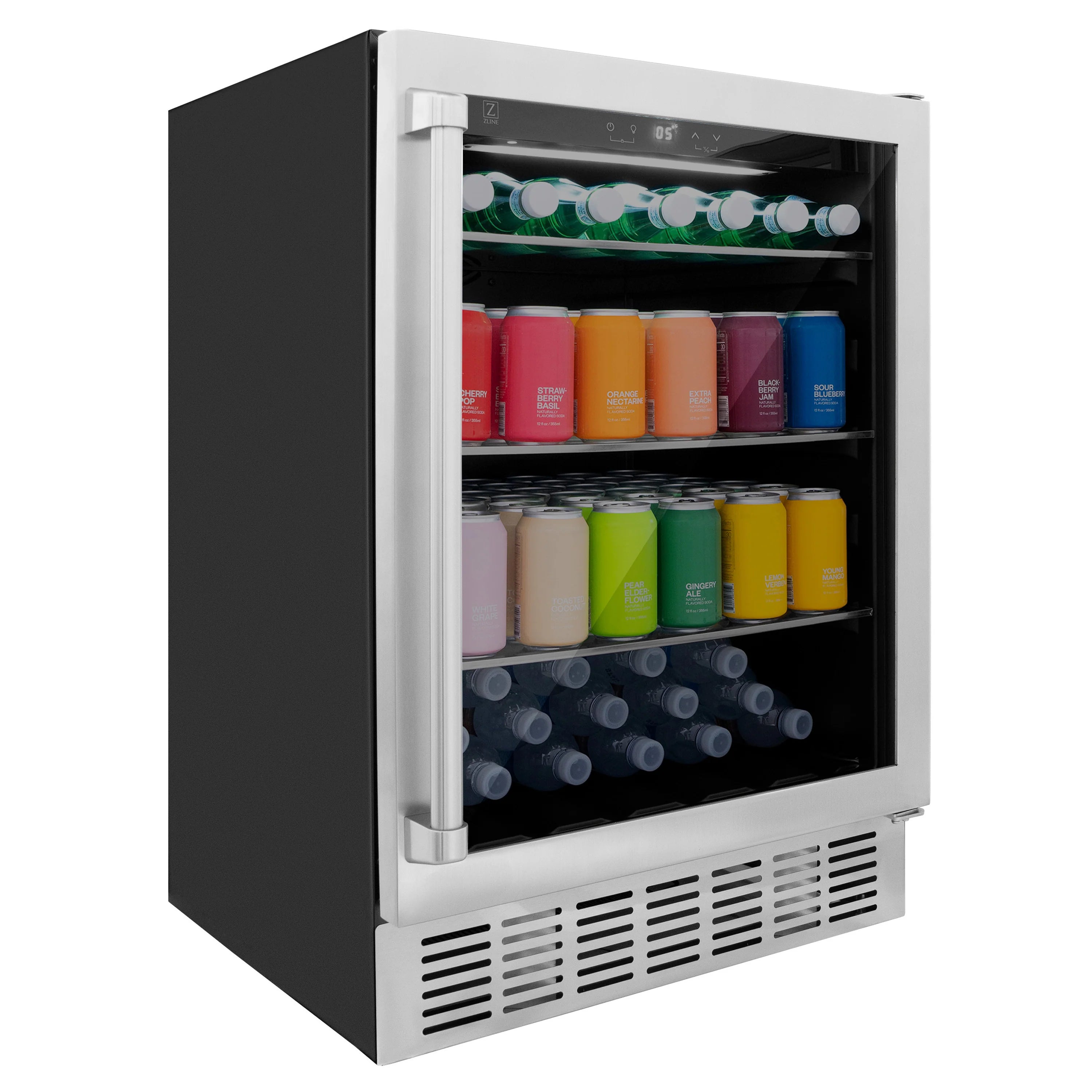 Beverage fridge with open door showing rows of colorful cans and bottles