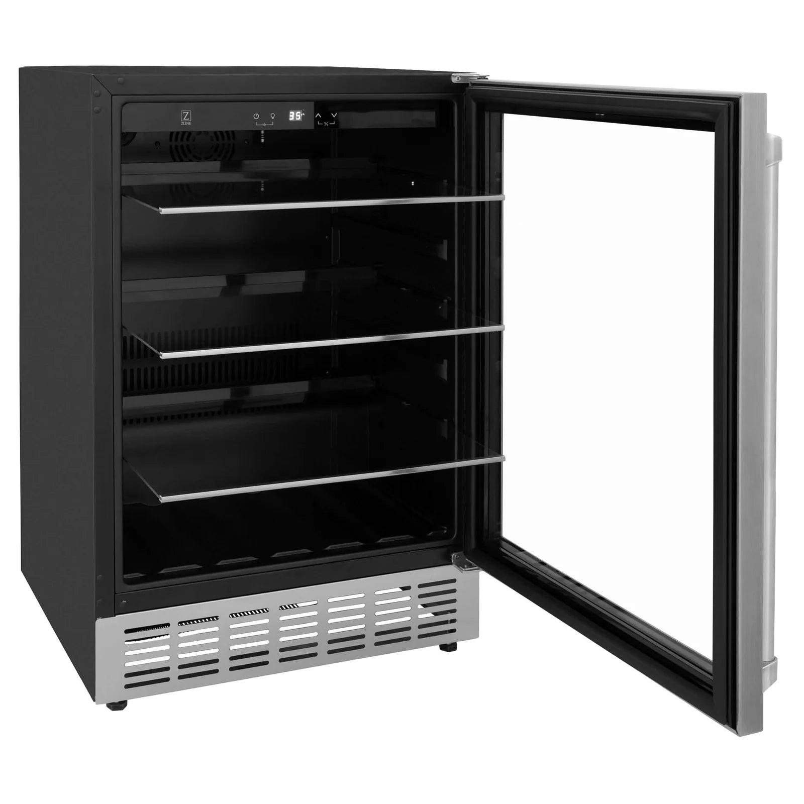 Beverage fridge with open door, black interior shelves, and front grille