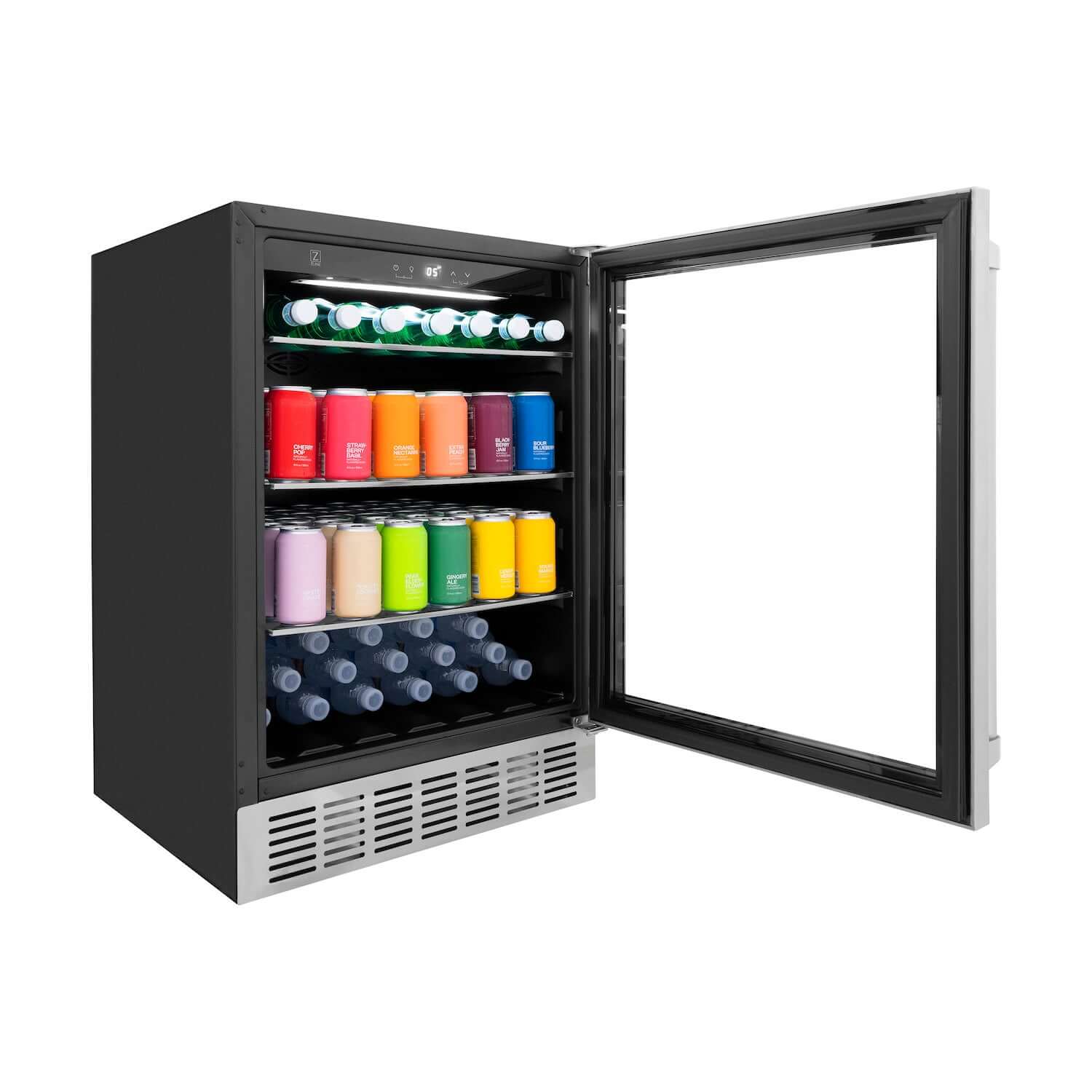 Stainless beverage fridge with open door showing colorful drinks on wire shelves