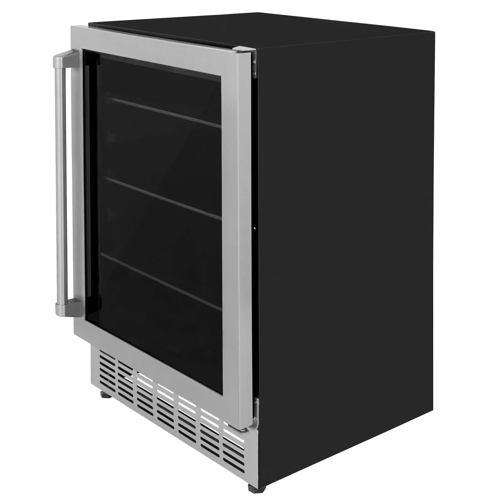 Beverage fridge side view with black door, chrome hinges, and vented bottom