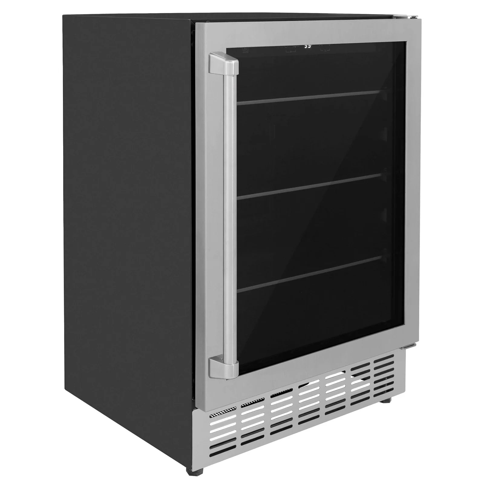 Beverage fridge with black door panel, chrome handle, and vented base