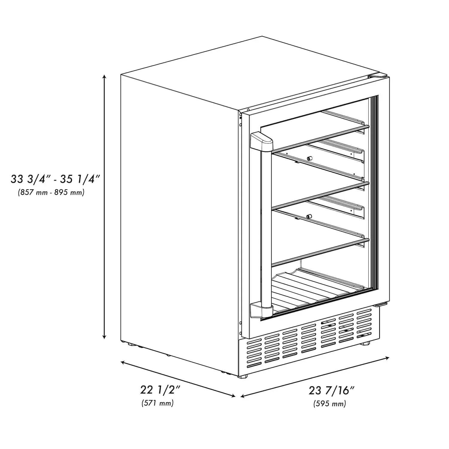 Beverage fridge with open door and adjustable shelves, front vent and tall cabinet body