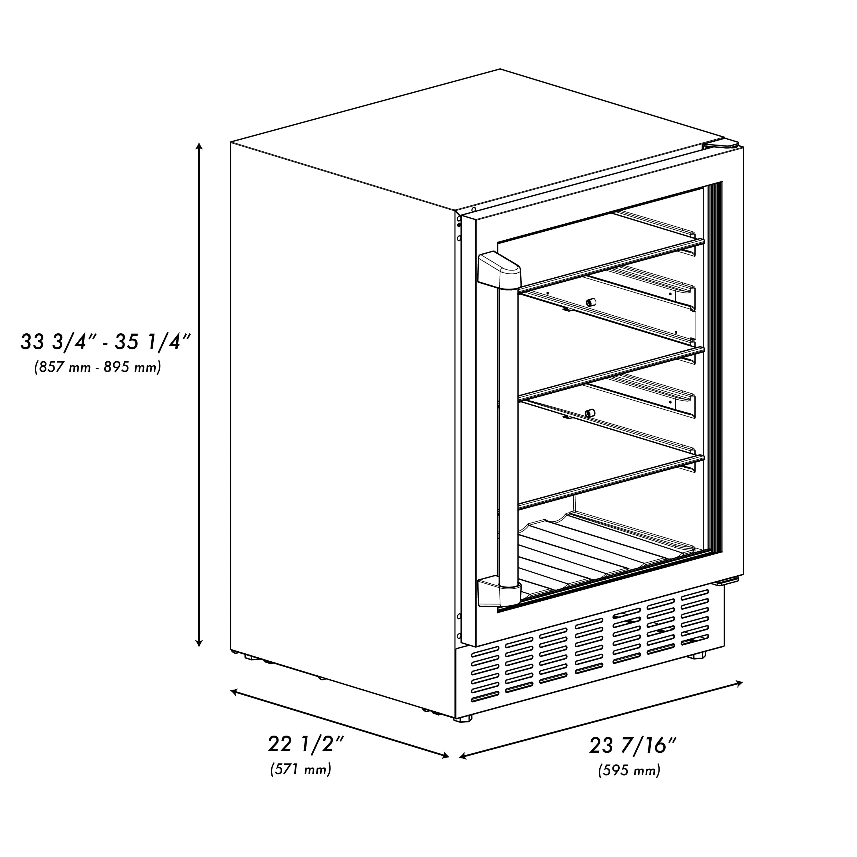 Beverage fridge dimensions diagram with open door, shelves, and vented base