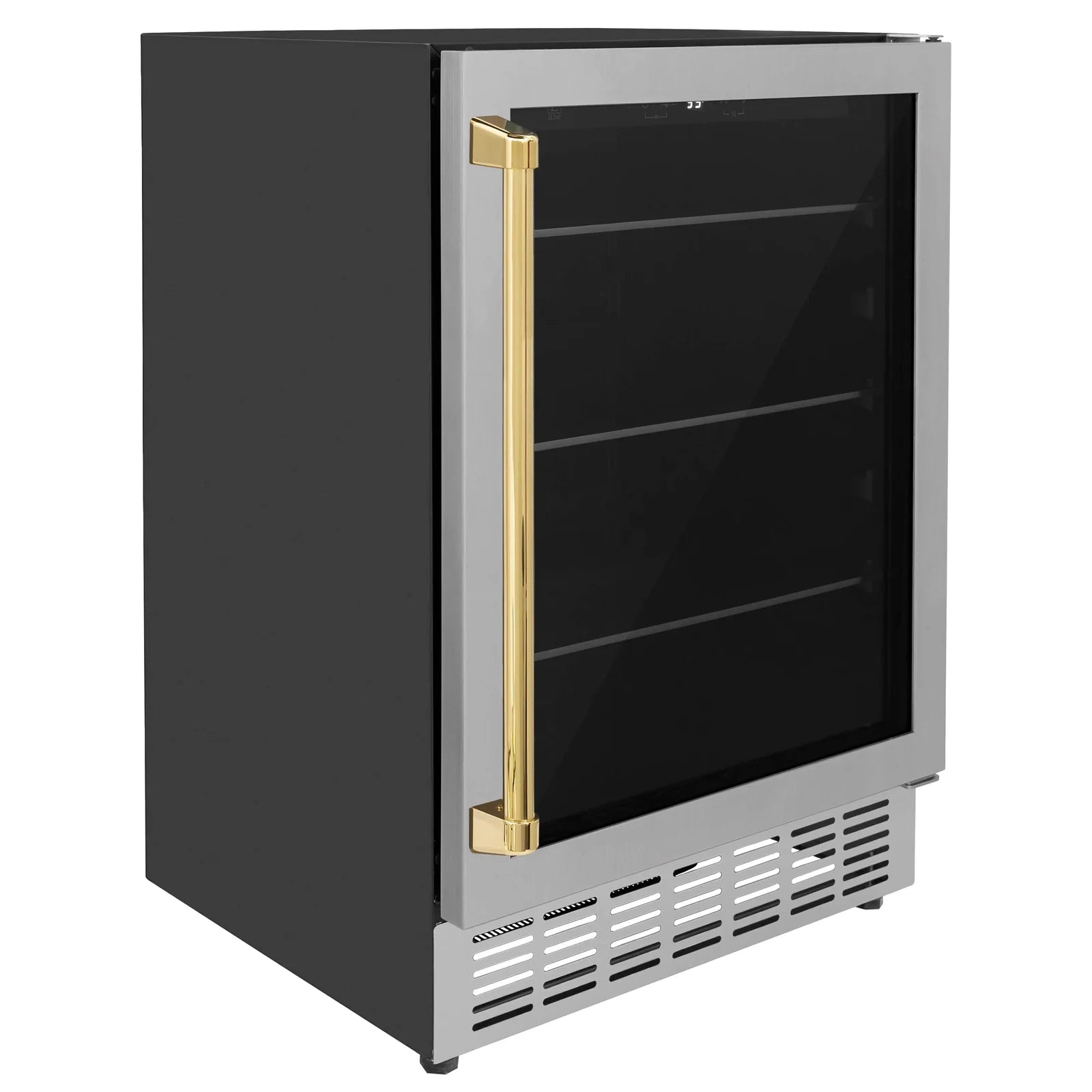 Stainless beverage cooler with tinted door glass and gold vertical pull handle