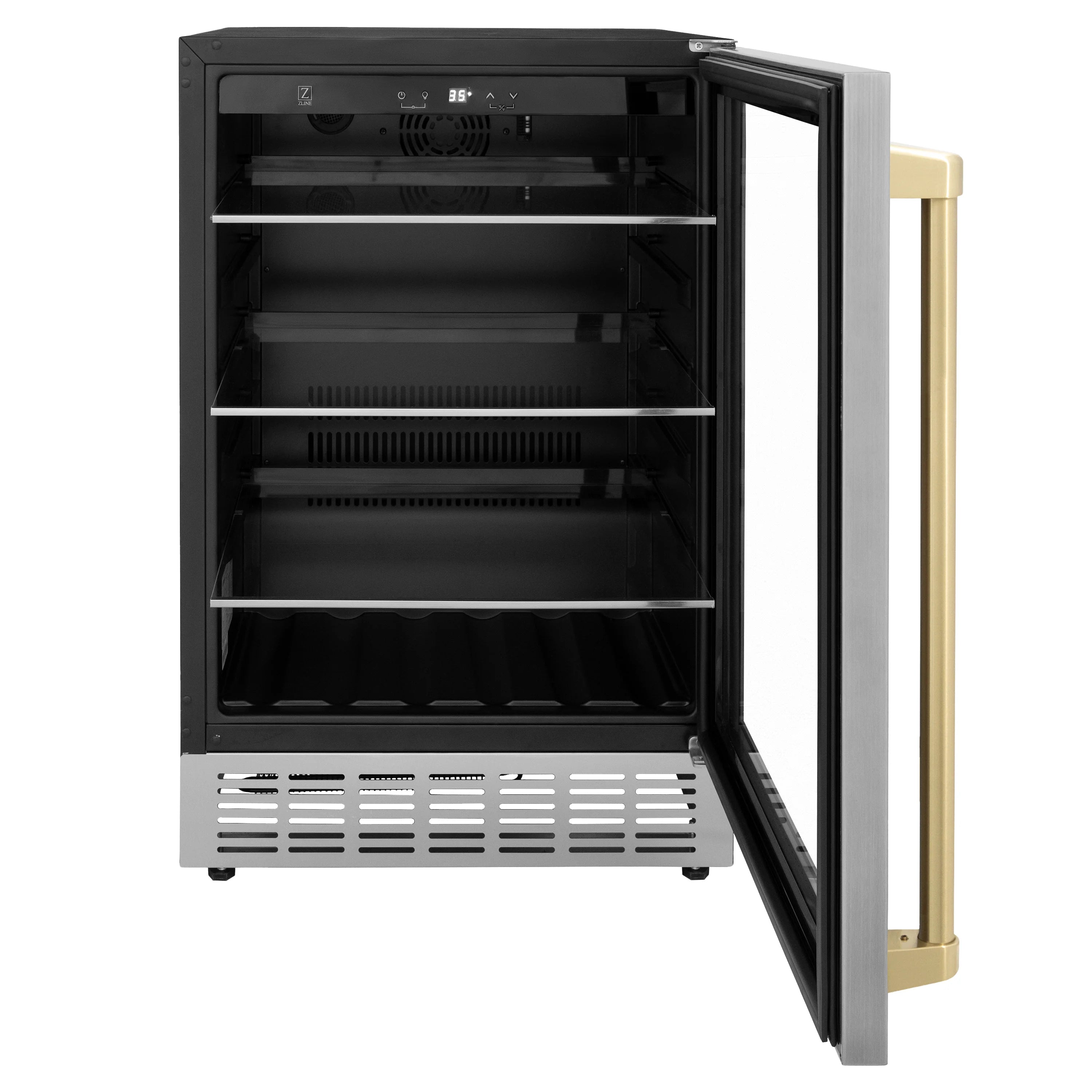 Stainless steel beverage fridge with side-hinged open door and interior racks