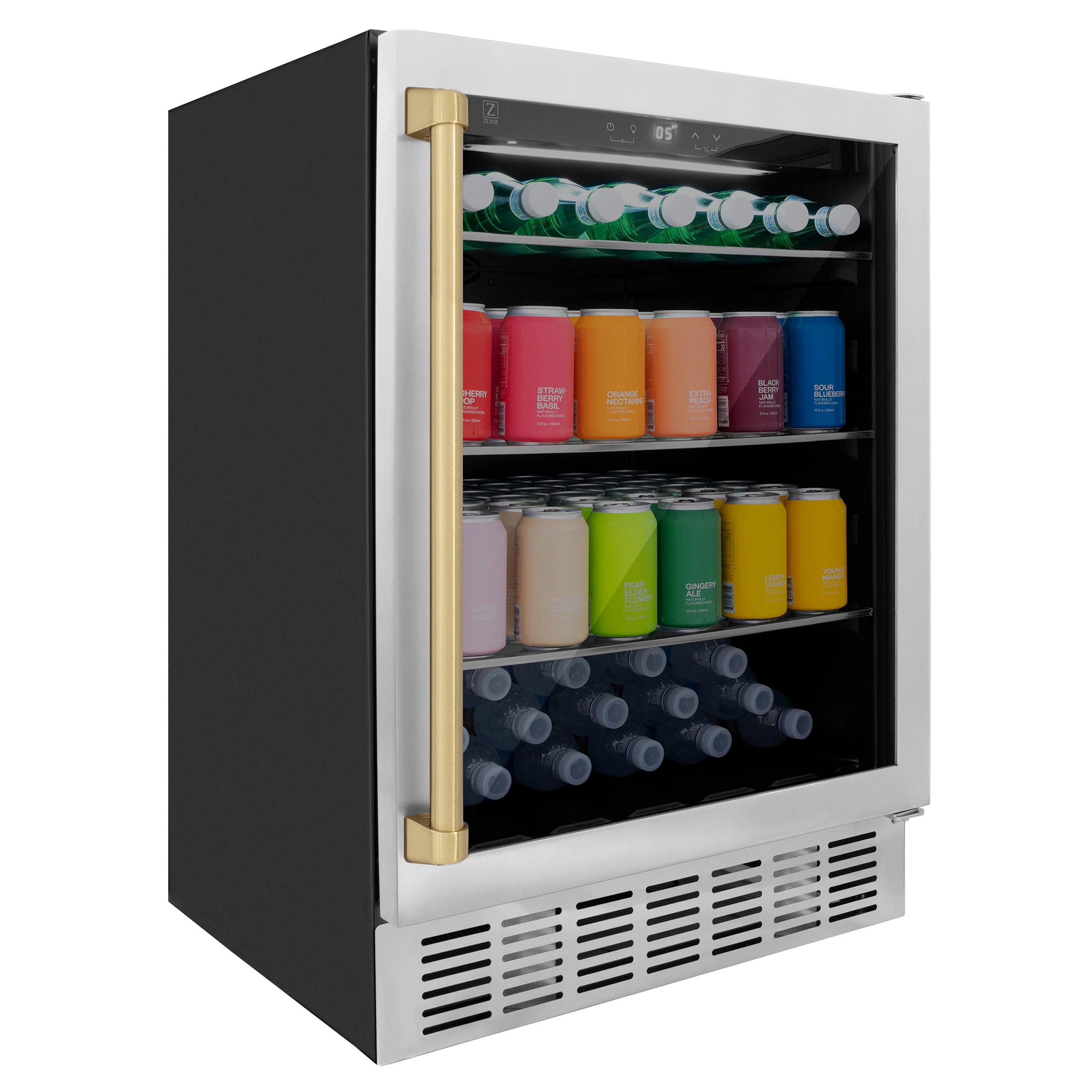 Wine cooler interior with glass door, stocked with colorful cans and bottles