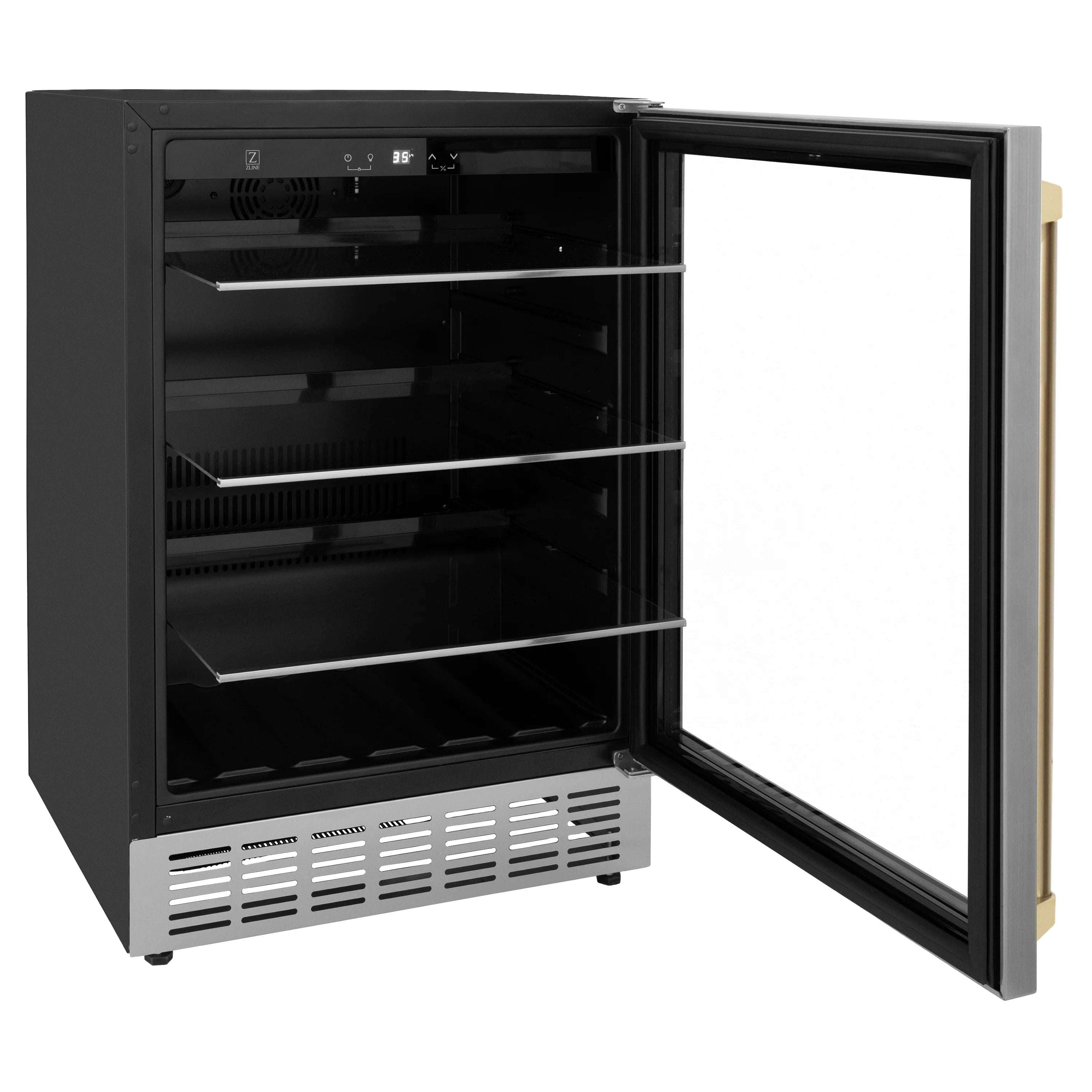 Stainless steel beverage fridge with open door showing stacked shelves inside