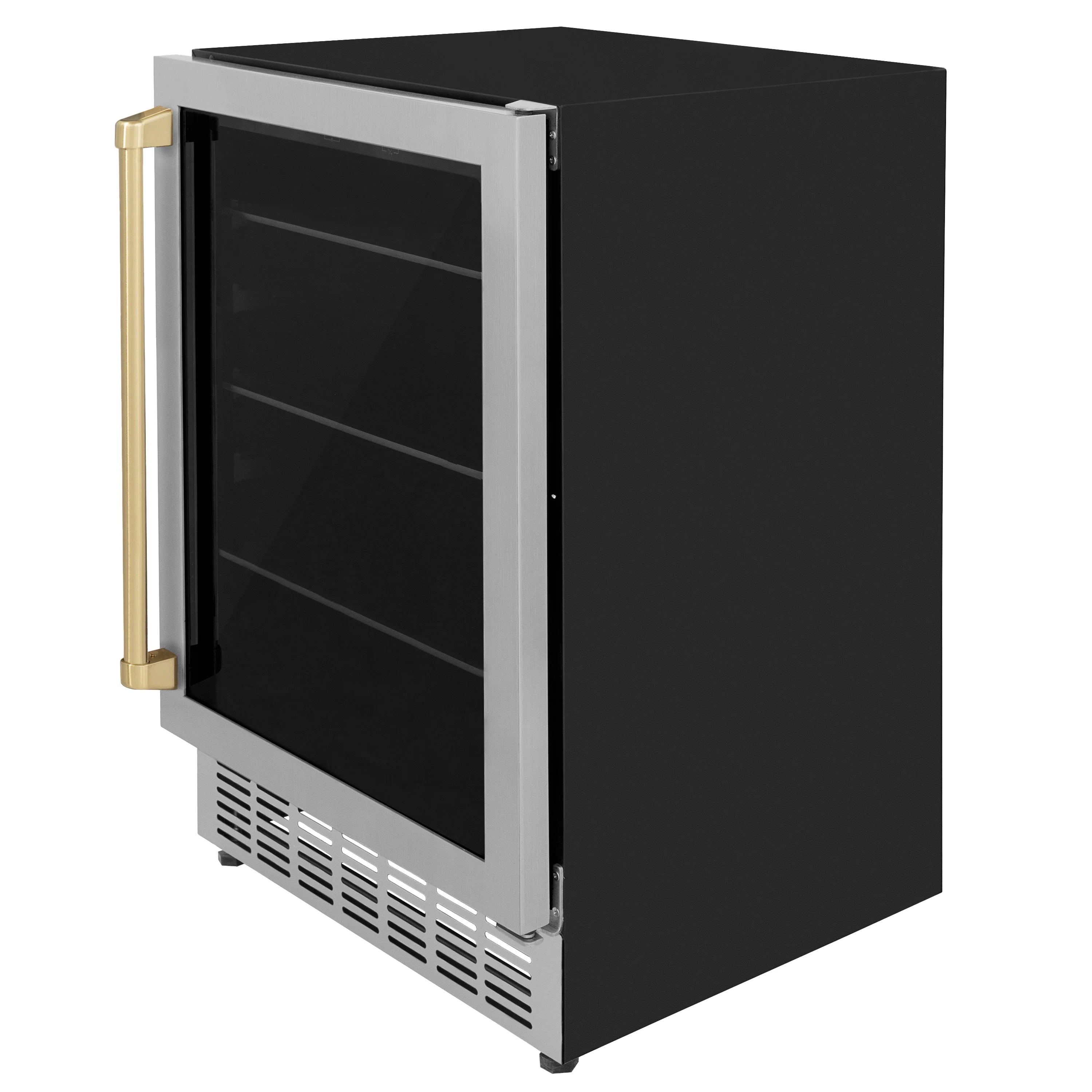 Freestanding stainless steel beverage cooler with hinged door and champagne bronze handle
