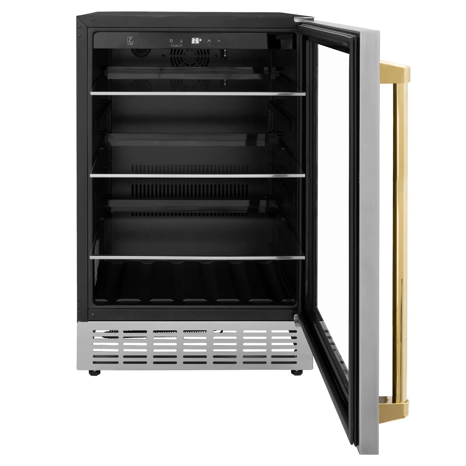 Stainless steel wine cooler with black glass door, gold handle, and interior wire shelves