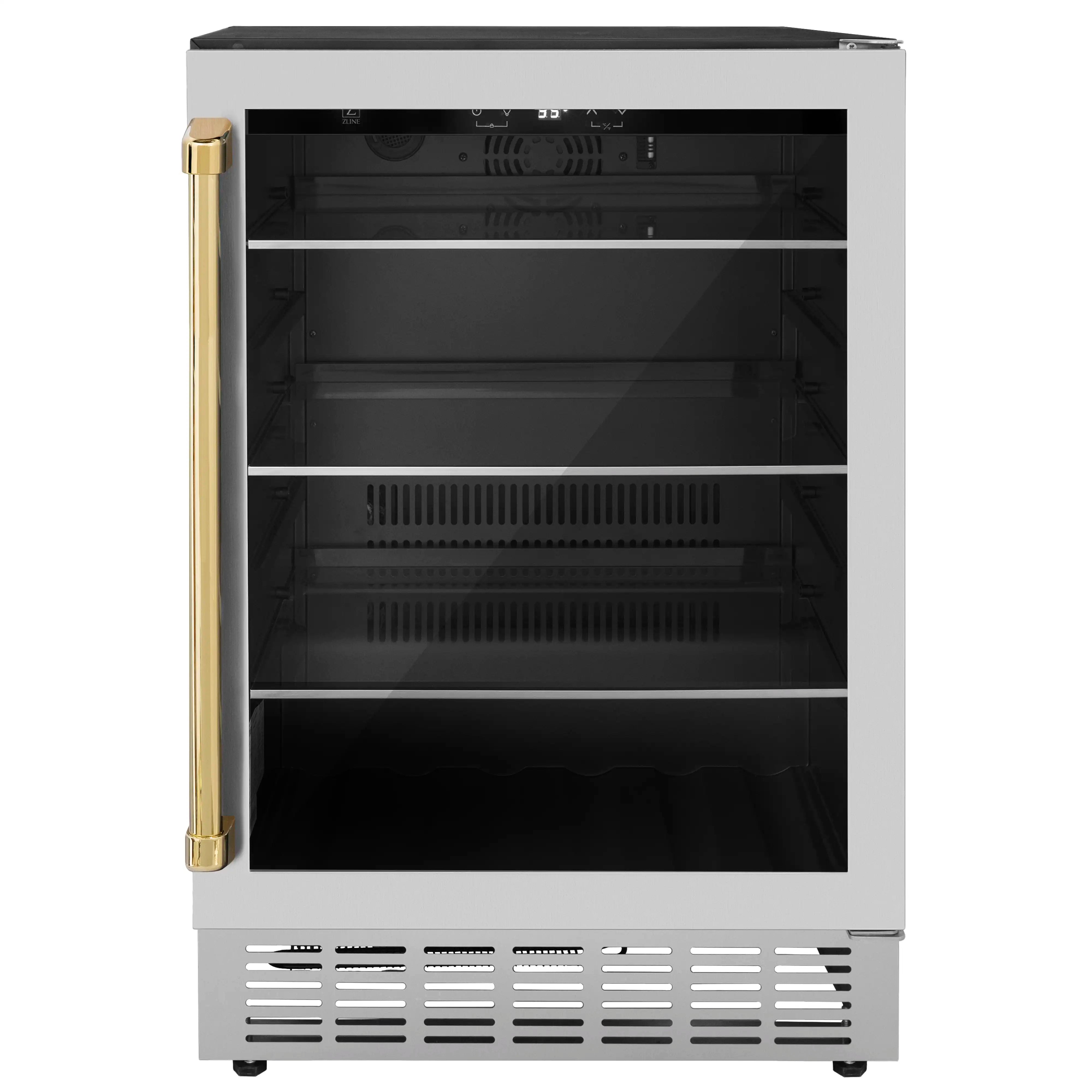 Stainless beverage fridge with black interior shelves and gold left handle