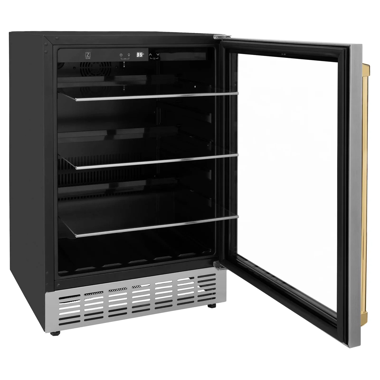 Stainless wine cooler with open door, black interior shelves, and gold side handles