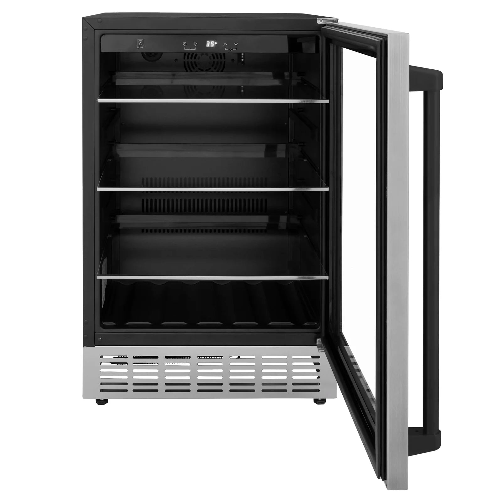 Open wine cooler with black interior shelves and side-mounted handle