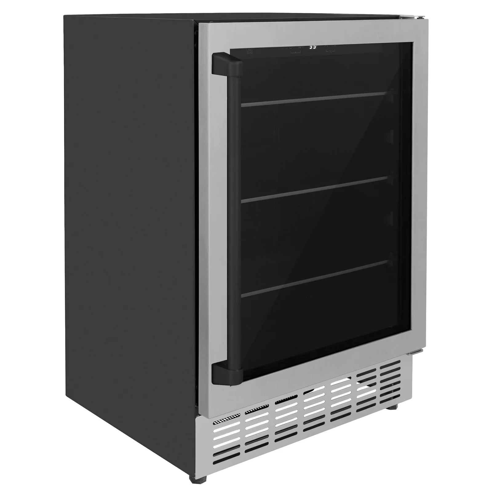 Freestanding stainless wine cooler with black glass door and front venting