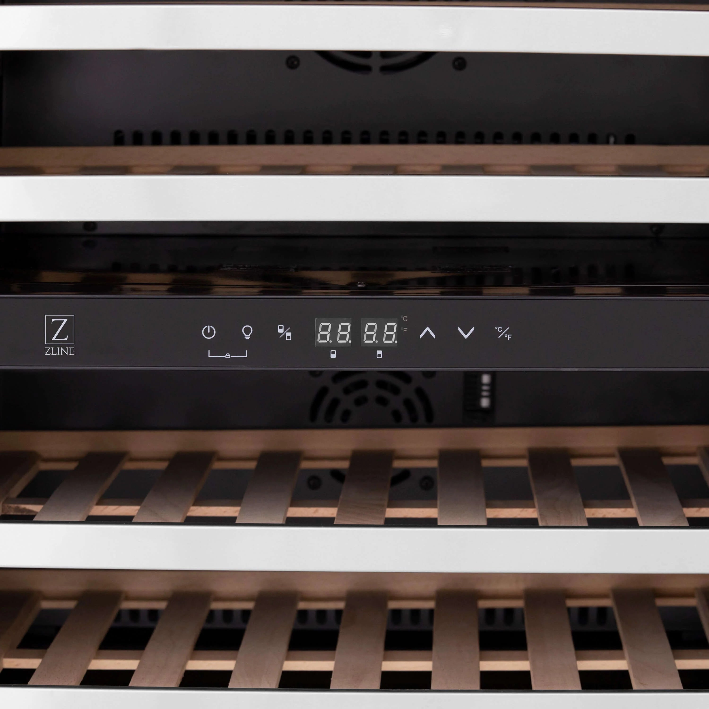Black control panel on stainless wine cooler door with LED display and ZLINE logo