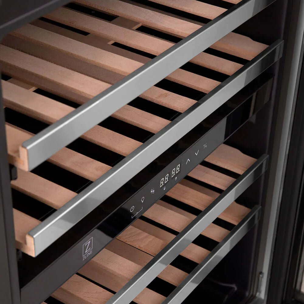 Wine cooler interior with gray metal rails and horizontal wooden bottle racks
