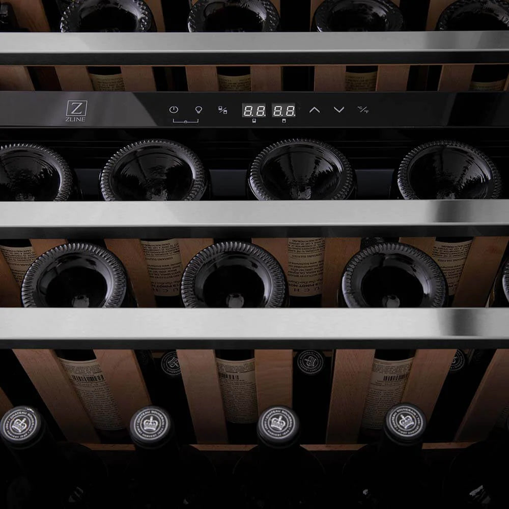 Wine cooler shelf with rows of bottles, under a black control panel