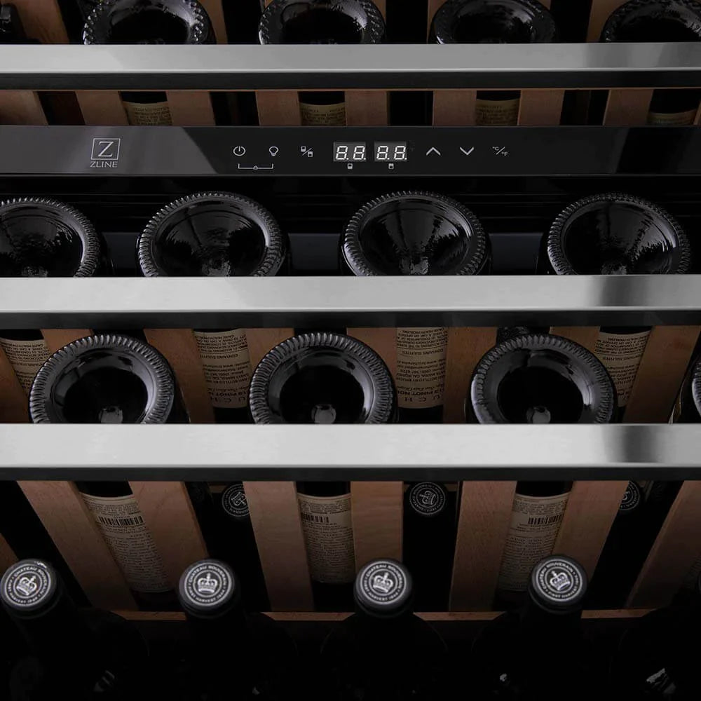 Wine cooler interior with stacked bottle racks behind tinted glass