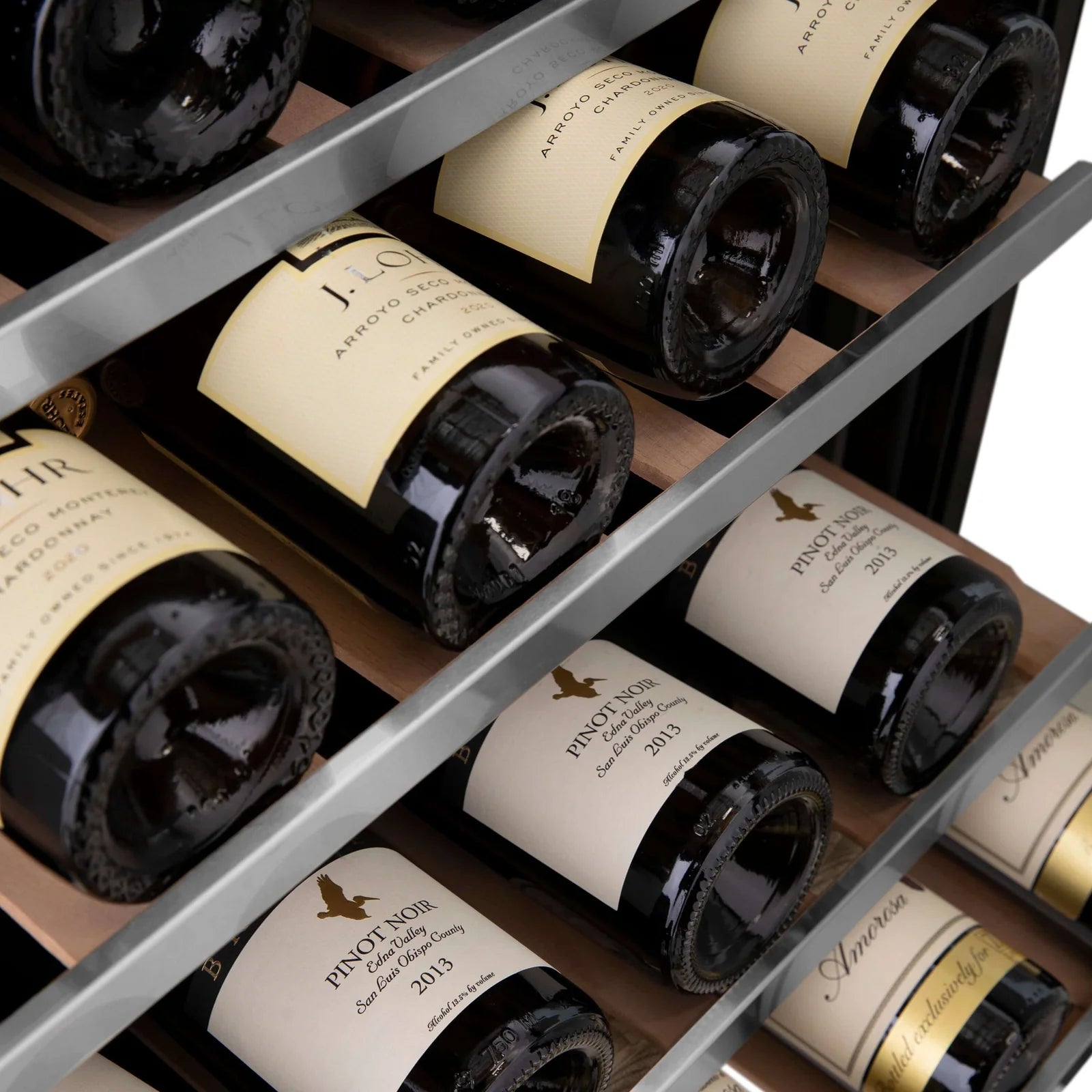 Wine cooler bottle storage with labeled Pinot Noir bottles