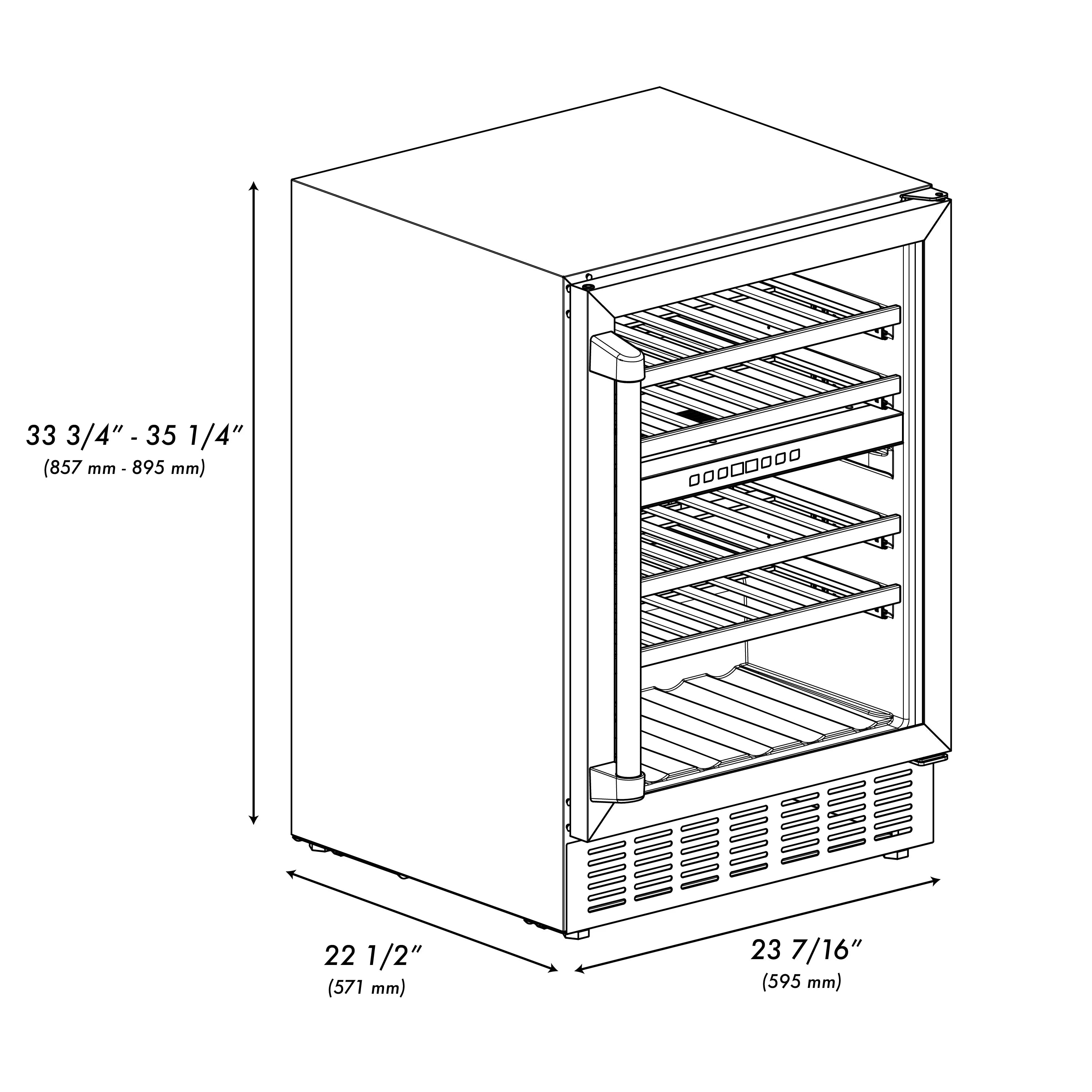 Wine cooler dimensions diagram with vented base and interior rack shelves