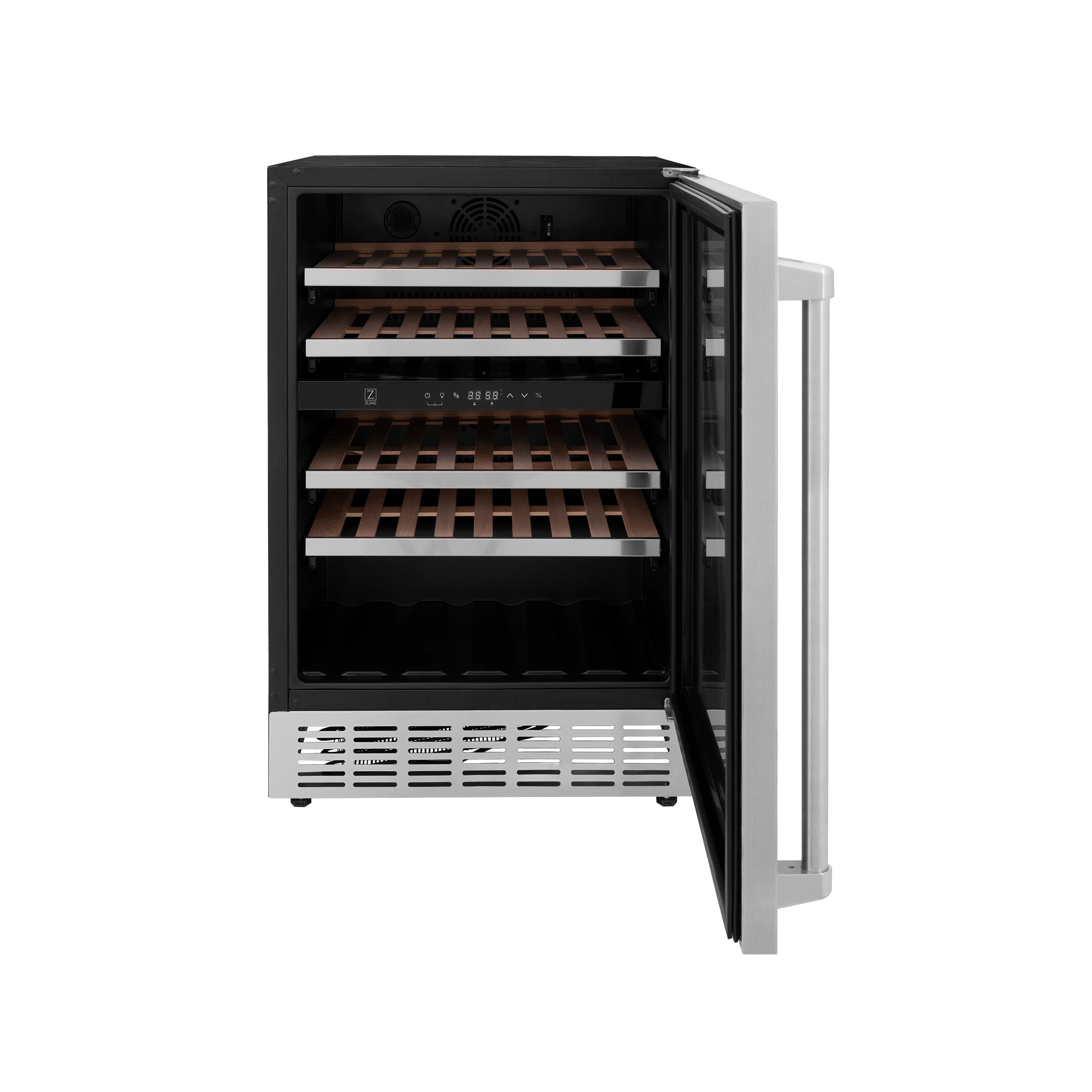 Stainless steel wine cooler with open door, front racks visible and side handle
