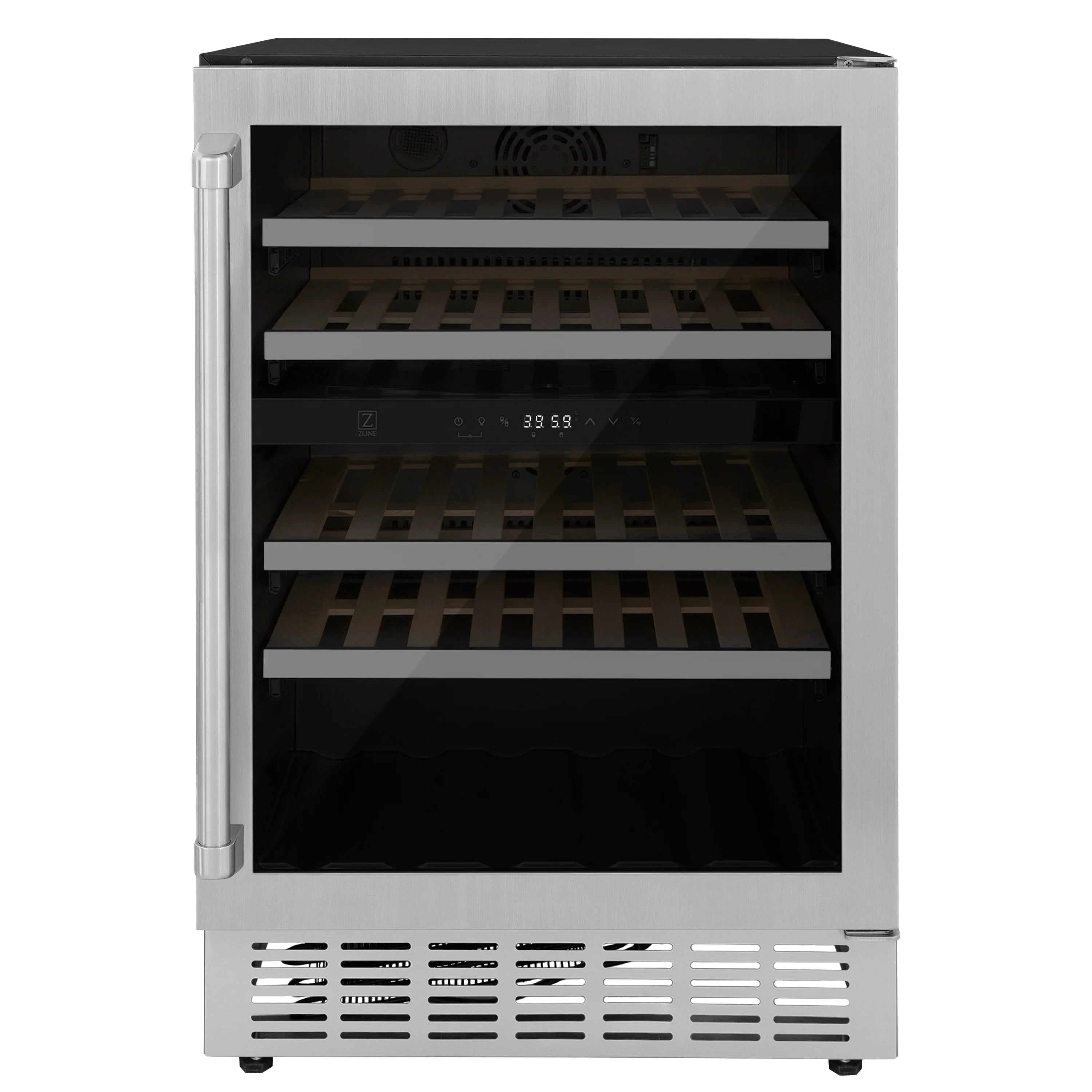 Stainless steel wine cooler with open door, wooden racks and dark interior