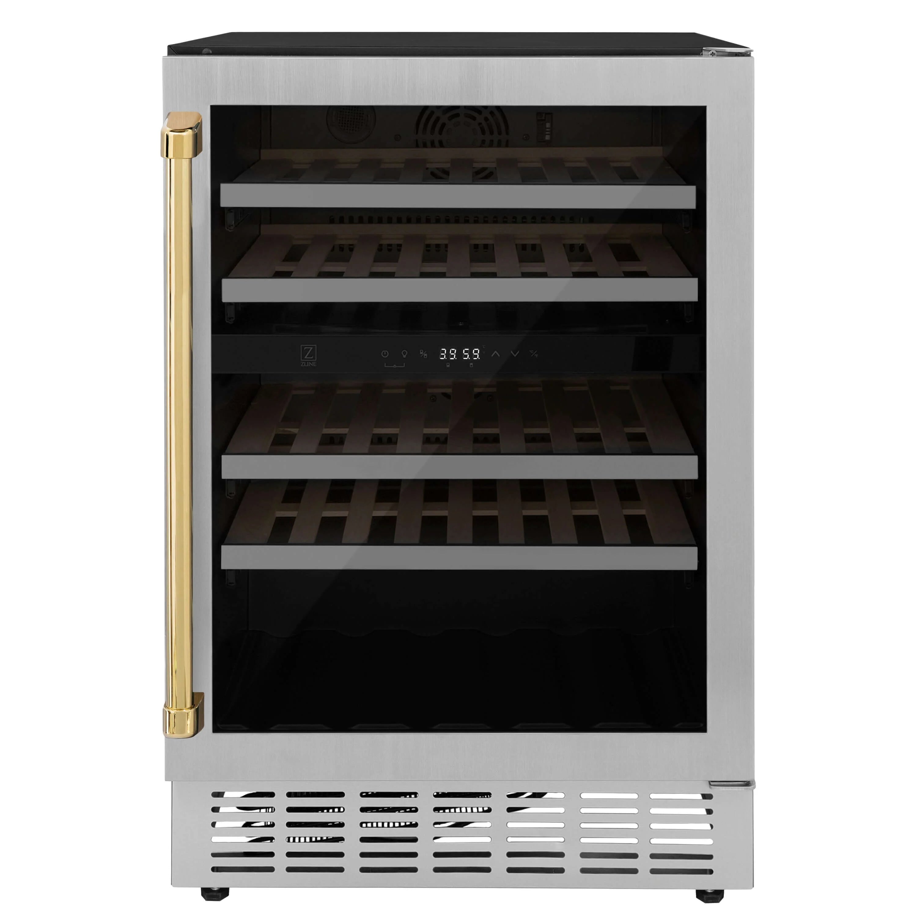 Stainless wine cooler with gold-trimmed door frame and visible glass window