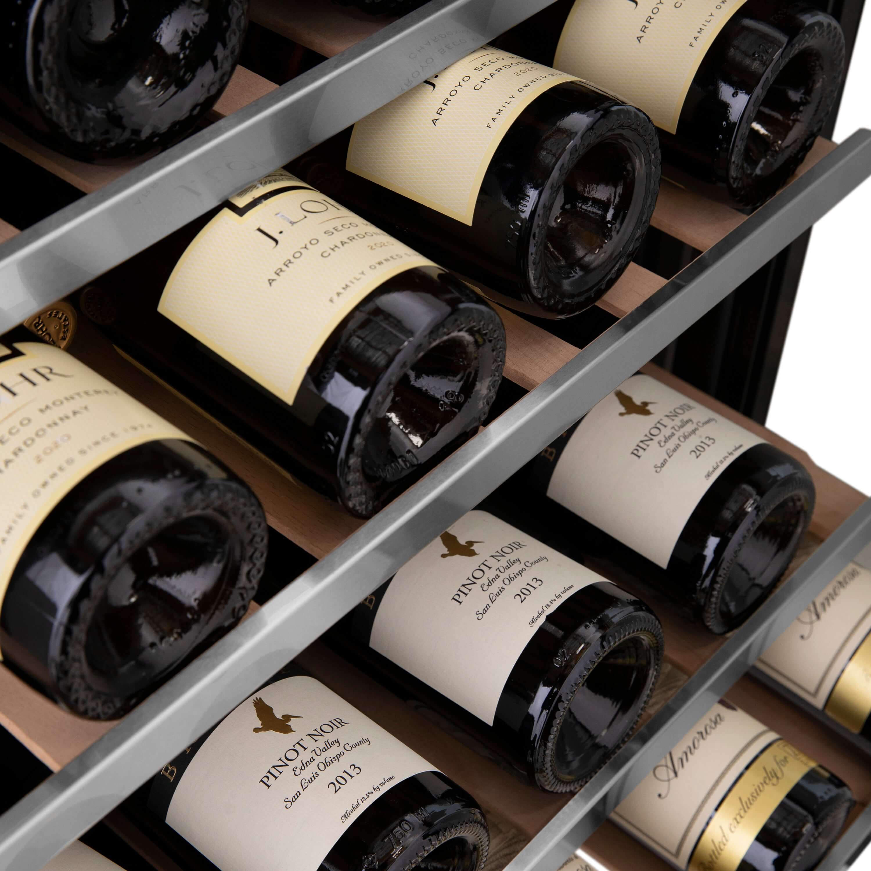 Wine cooler rack with assorted bottles arranged on angled wooden shelves